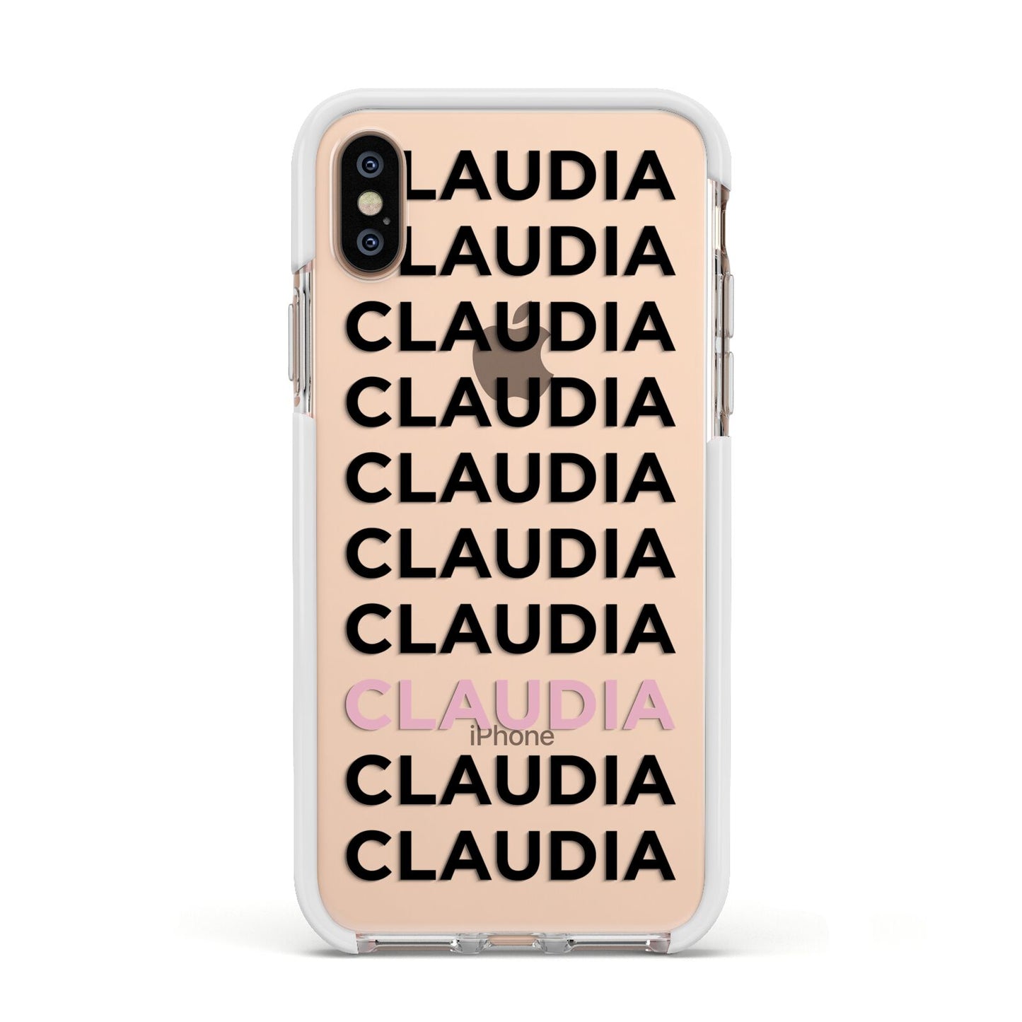 Custom Name Repeat Apple iPhone Xs Impact Case White Edge on Gold Phone