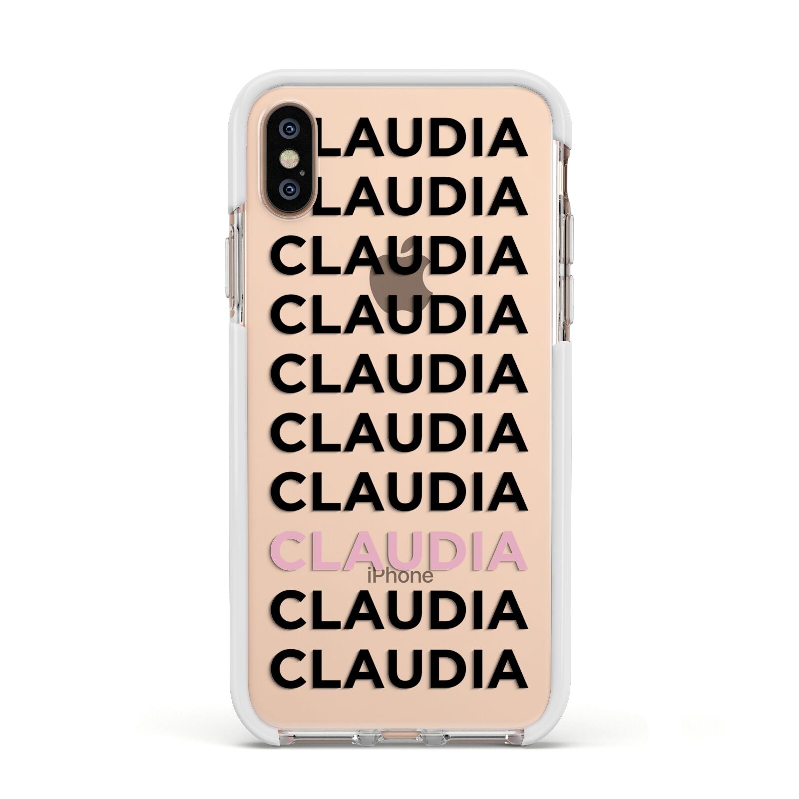 Custom Name Repeat Apple iPhone Xs Impact Case White Edge on Gold Phone