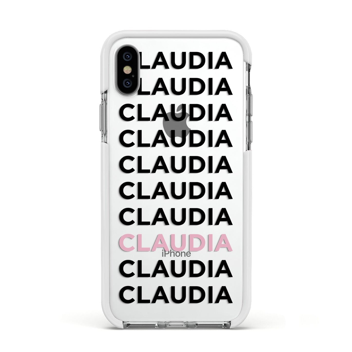 Custom Name Repeat Apple iPhone Xs Impact Case White Edge on Silver Phone