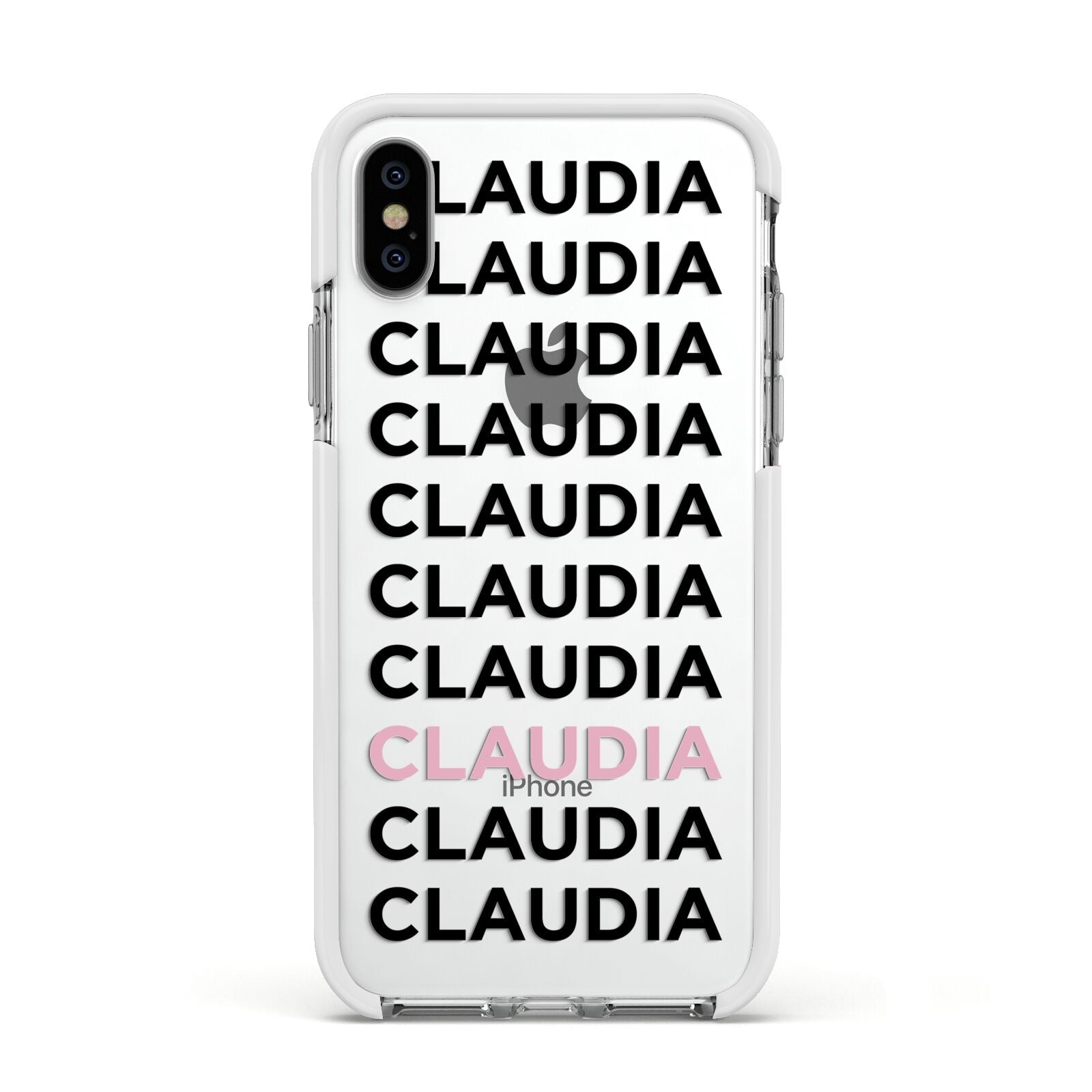 Custom Name Repeat Apple iPhone Xs Impact Case White Edge on Silver Phone
