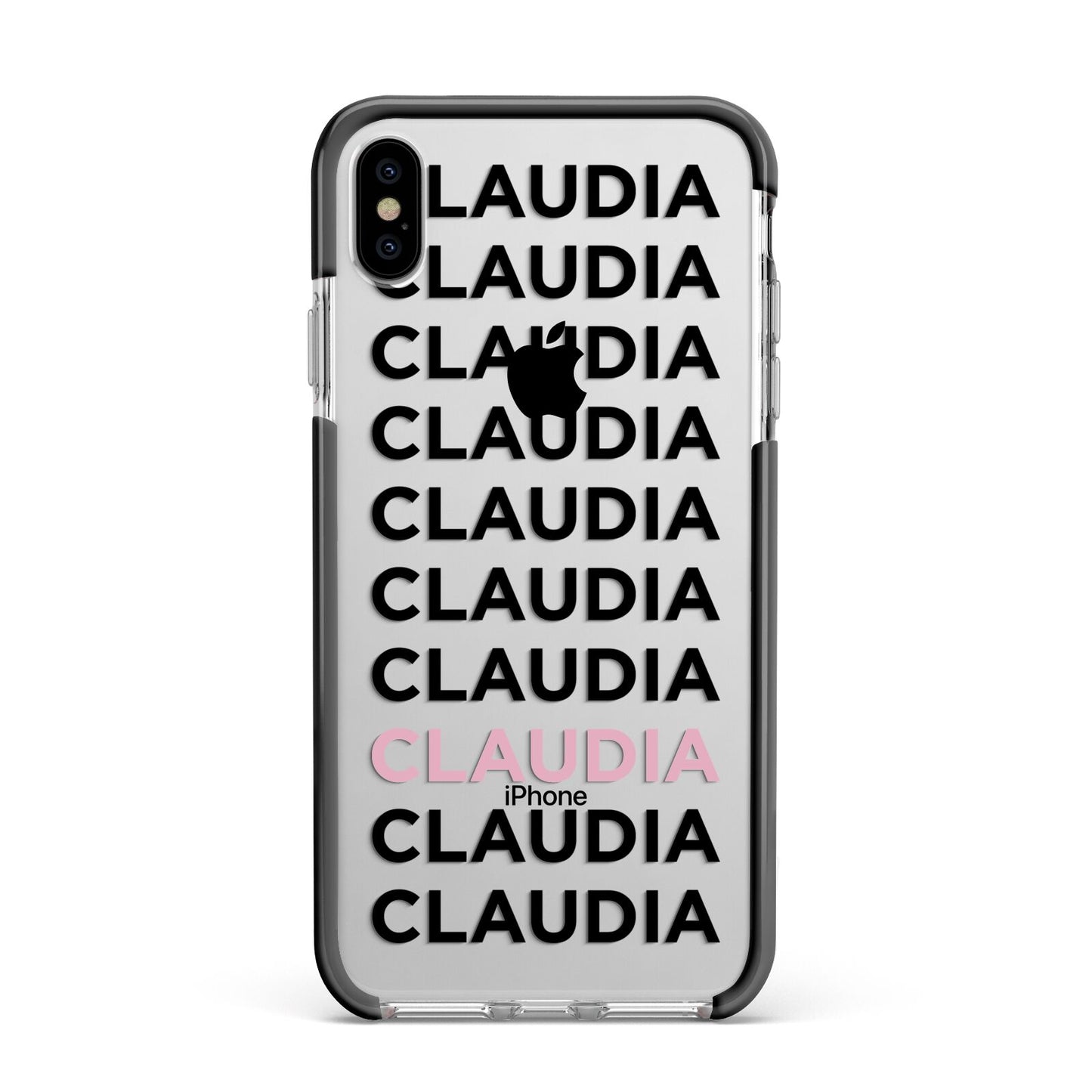 Custom Name Repeat Apple iPhone Xs Max Impact Case Black Edge on Silver Phone