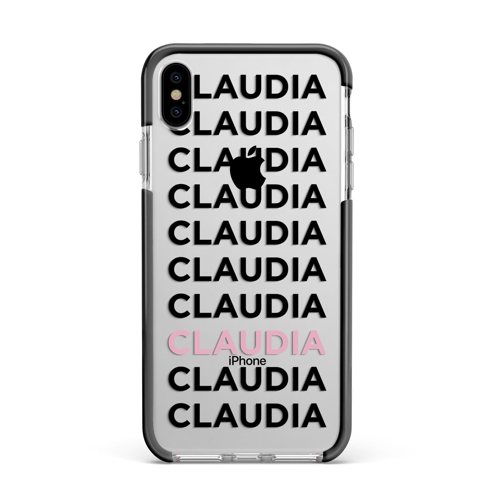 Custom Name Repeat Apple iPhone Xs Max Impact Case Black Edge on Silver Phone