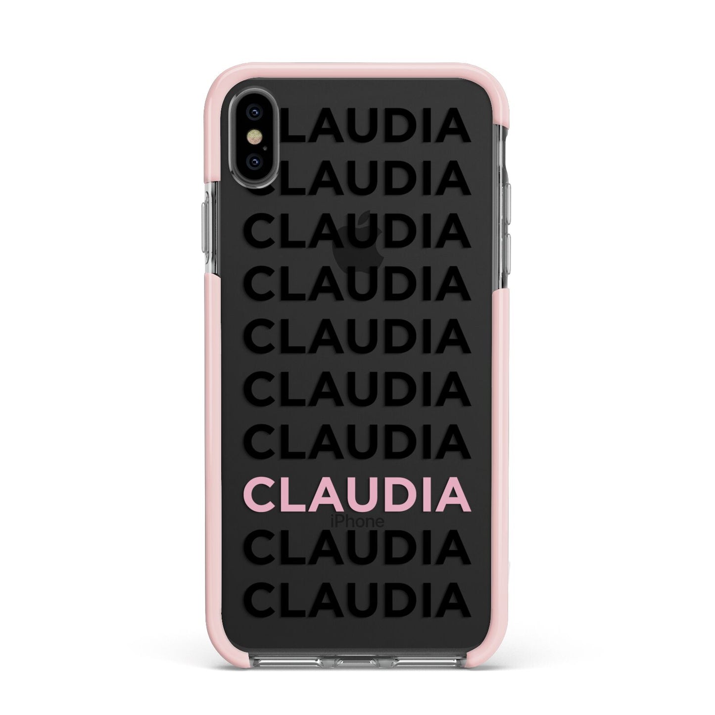Custom Name Repeat Apple iPhone Xs Max Impact Case Pink Edge on Black Phone