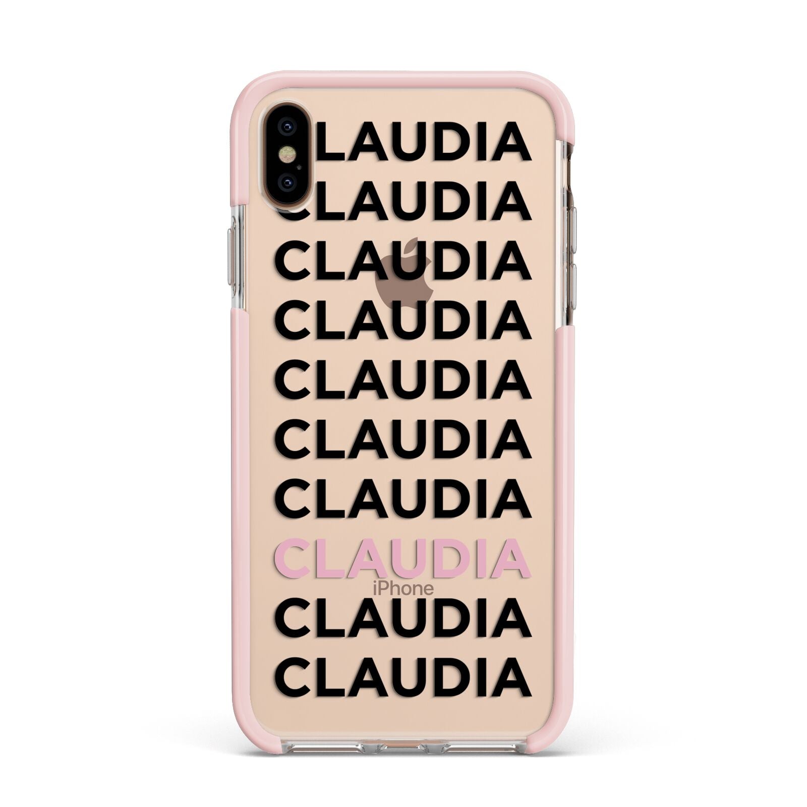 Custom Name Repeat Apple iPhone Xs Max Impact Case Pink Edge on Gold Phone