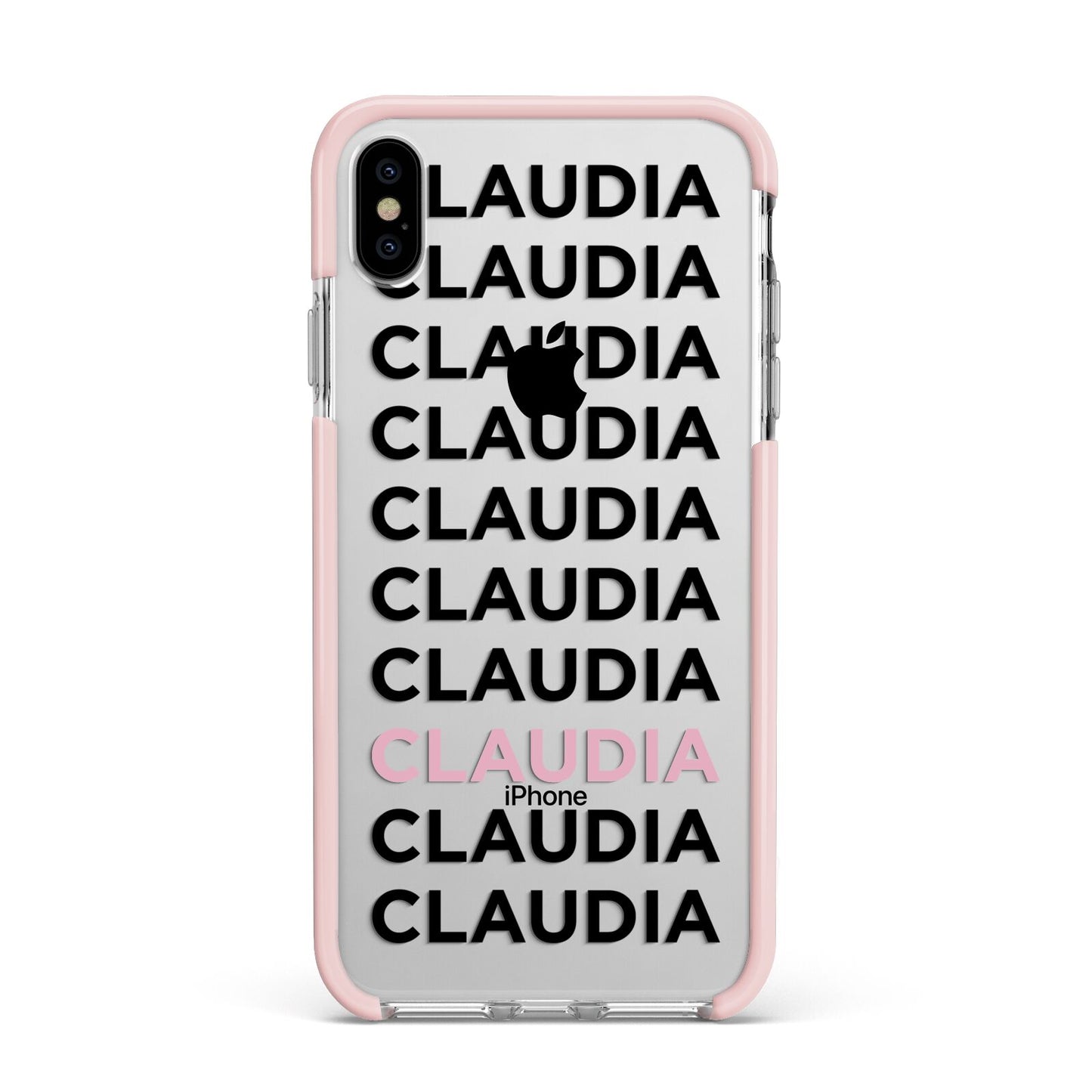 Custom Name Repeat Apple iPhone Xs Max Impact Case Pink Edge on Silver Phone