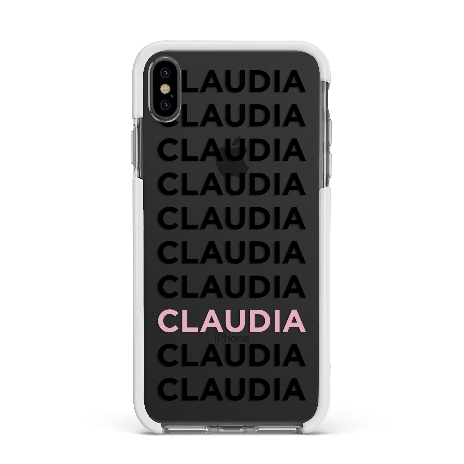 Custom Name Repeat Apple iPhone Xs Max Impact Case White Edge on Black Phone