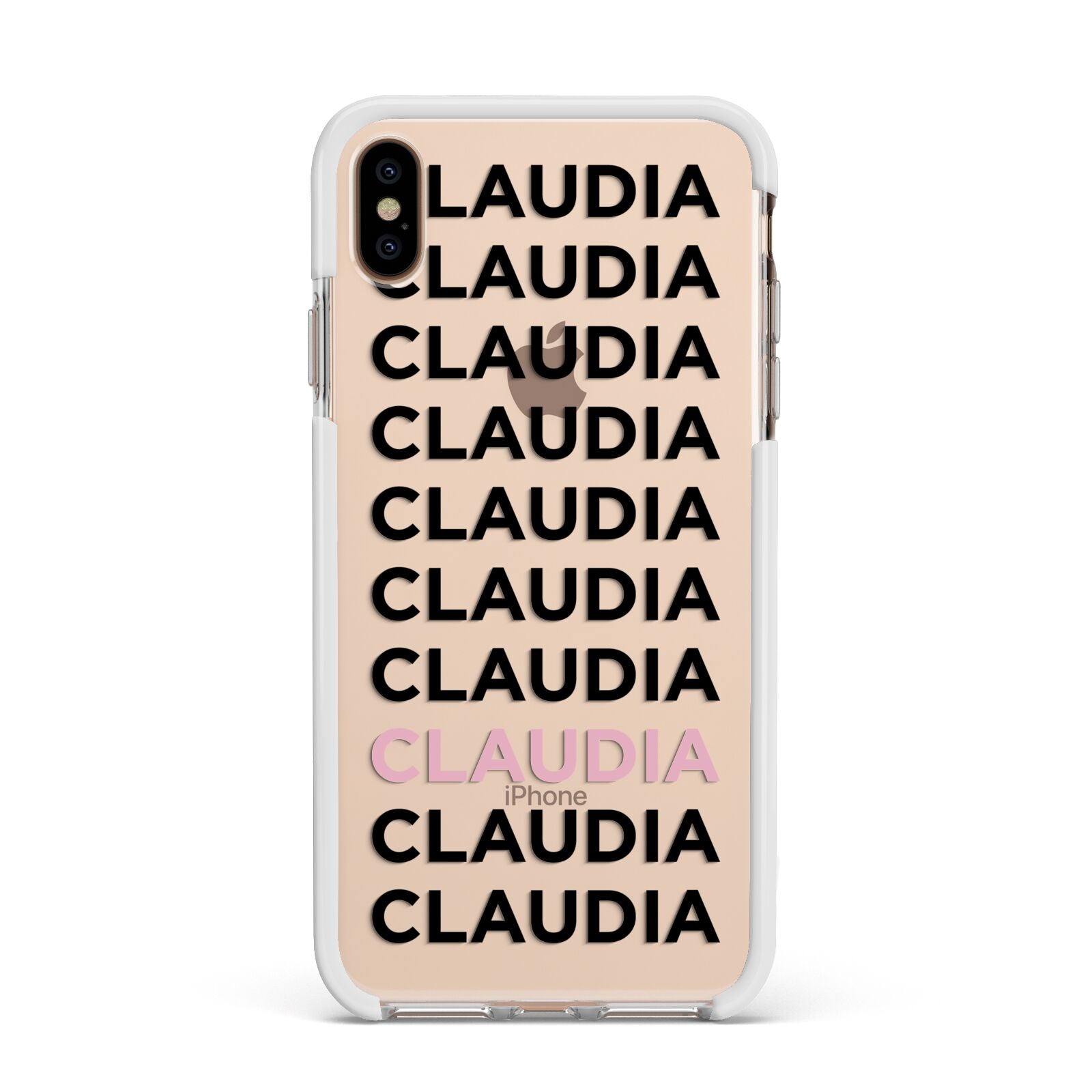 Custom Name Repeat Apple iPhone Xs Max Impact Case White Edge on Gold Phone