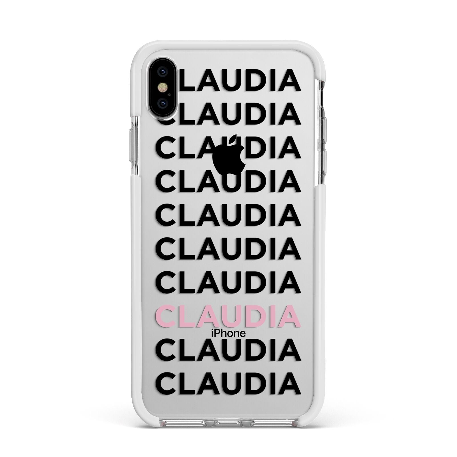 Custom Name Repeat Apple iPhone Xs Max Impact Case White Edge on Silver Phone
