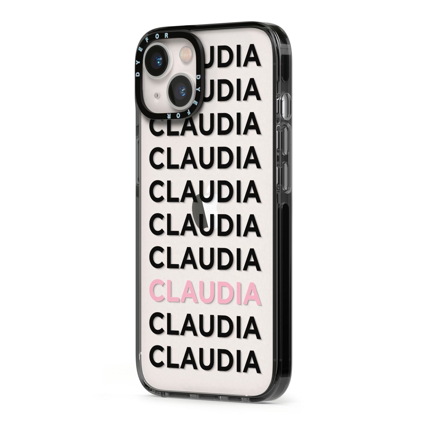 Custom Name Repeat iPhone 13 Black Impact Case Side Angle on Silver phone