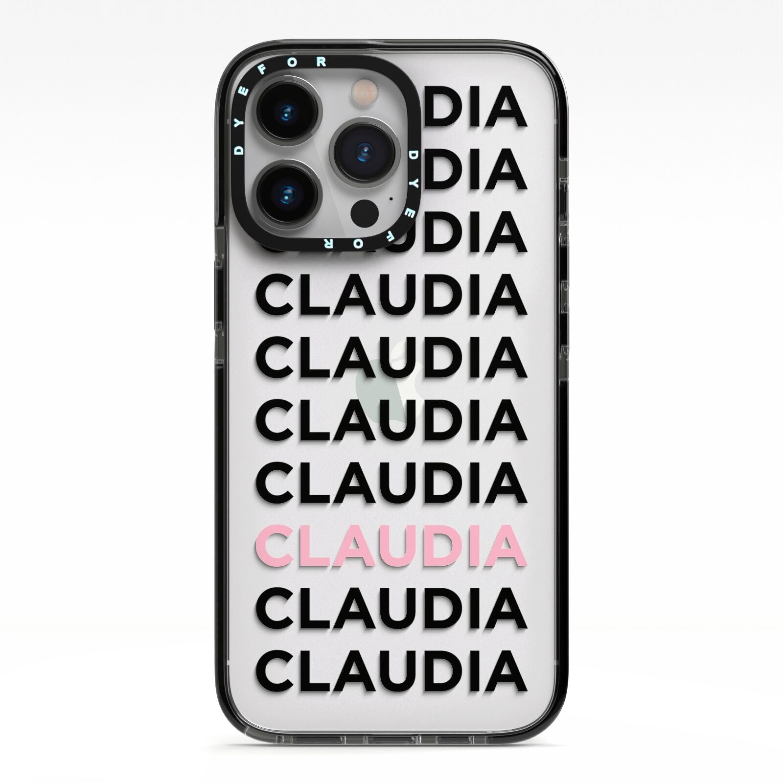 Custom Name Repeat iPhone 13 Pro Black Impact Case on Silver phone