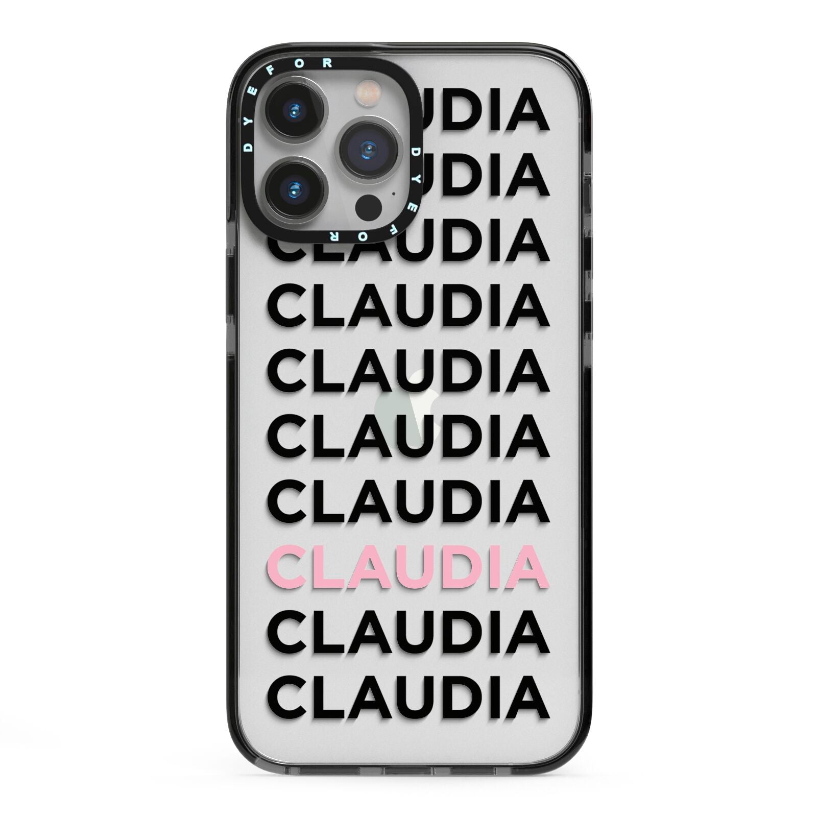 Custom Name Repeat iPhone 13 Pro Max Black Impact Case on Silver phone