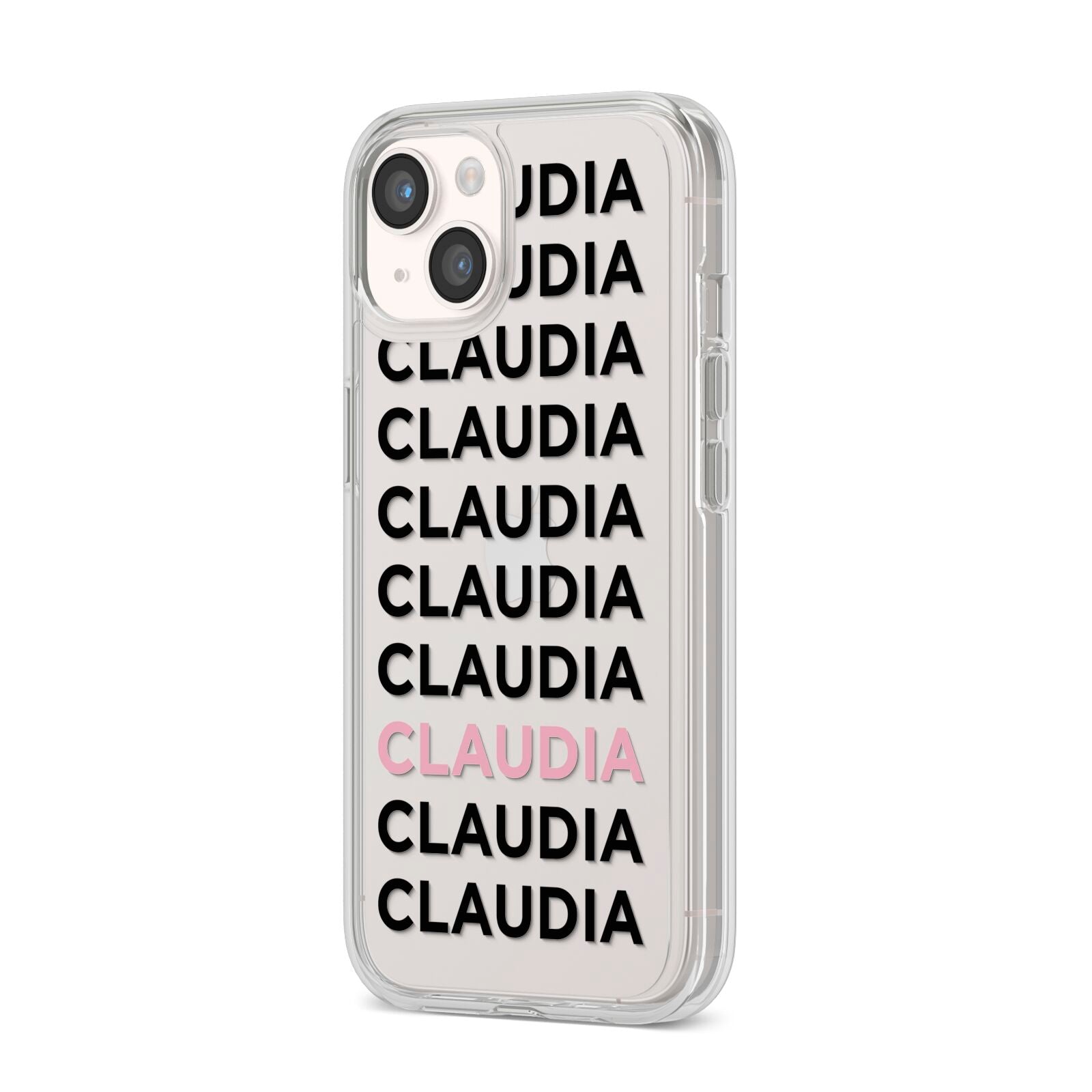 Custom Name Repeat iPhone 14 Clear Tough Case Starlight Angled Image