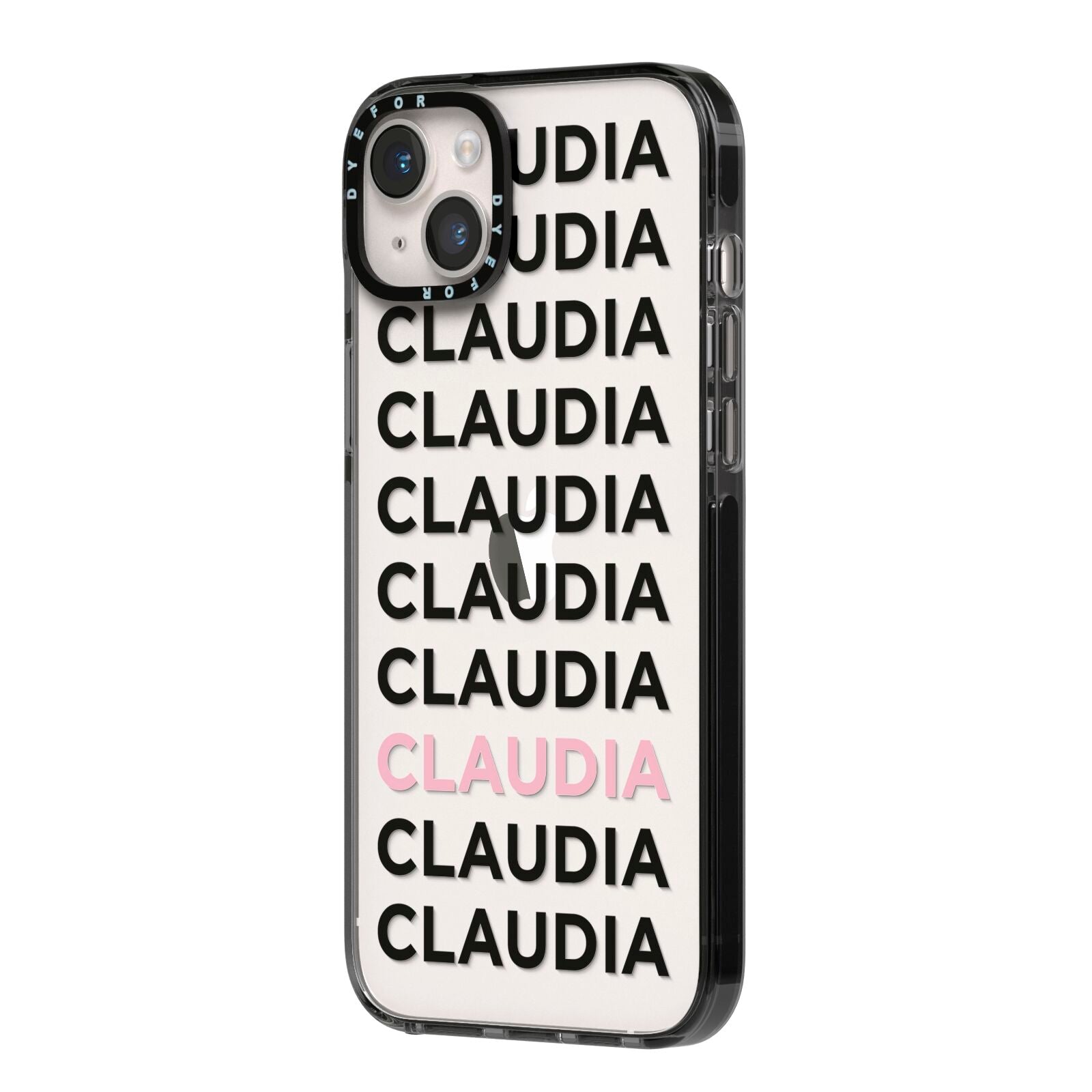 Custom Name Repeat iPhone 14 Plus Black Impact Case Side Angle on Silver phone