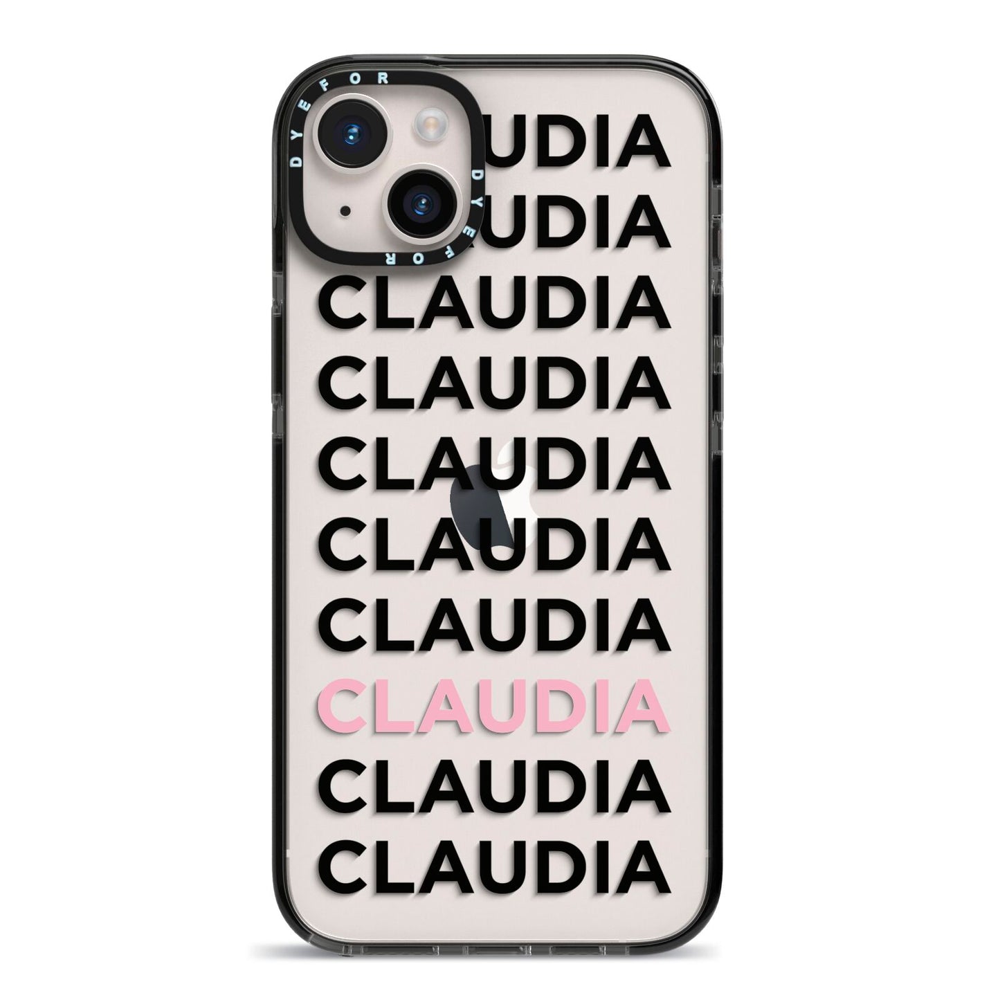 Custom Name Repeat iPhone 14 Plus Black Impact Case on Silver phone