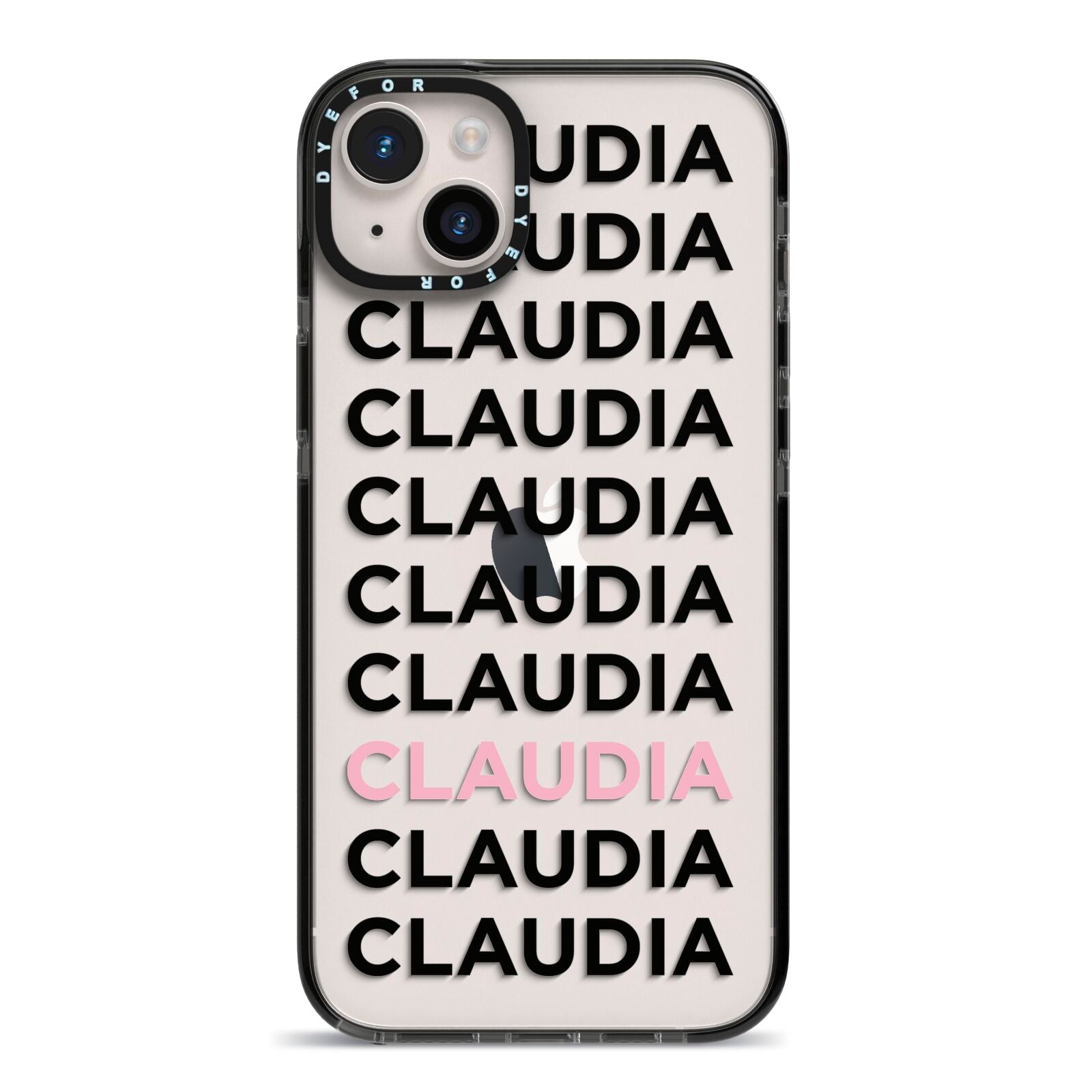 Custom Name Repeat iPhone 14 Plus Black Impact Case on Silver phone