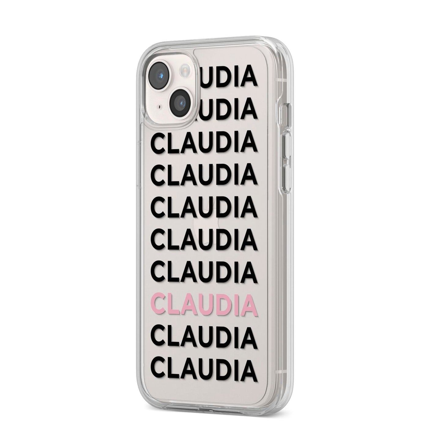 Custom Name Repeat iPhone 14 Plus Clear Tough Case Starlight Angled Image