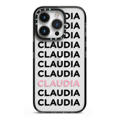 Custom Name Repeat iPhone 14 Pro Black Impact Case on Silver phone
