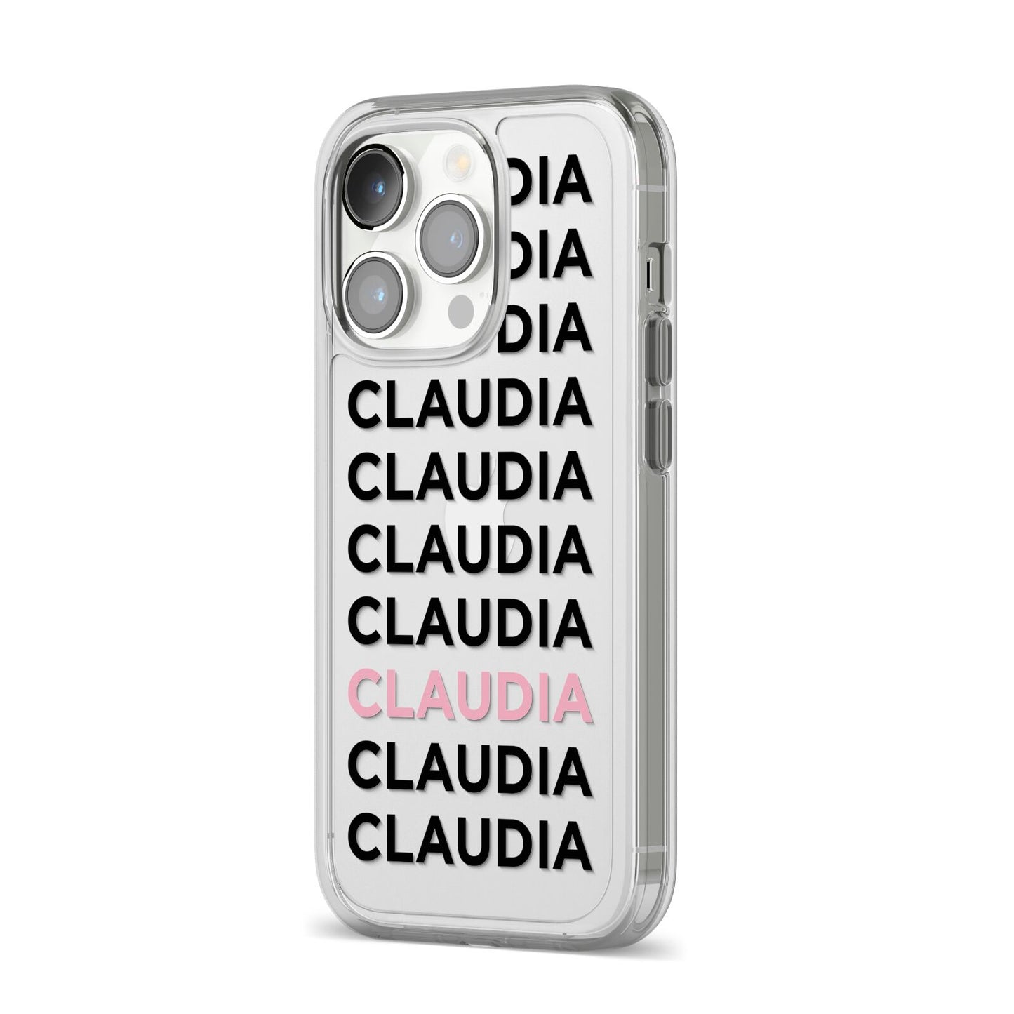 Custom Name Repeat iPhone 14 Pro Clear Tough Case Silver Angled Image