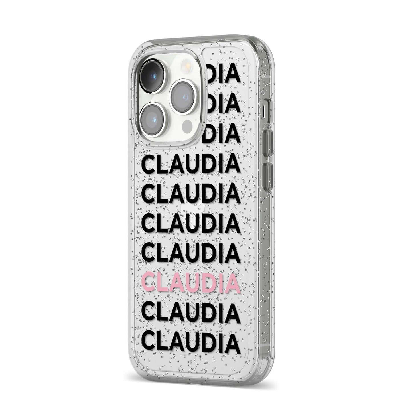 Custom Name Repeat iPhone 14 Pro Glitter Tough Case Silver Angled Image
