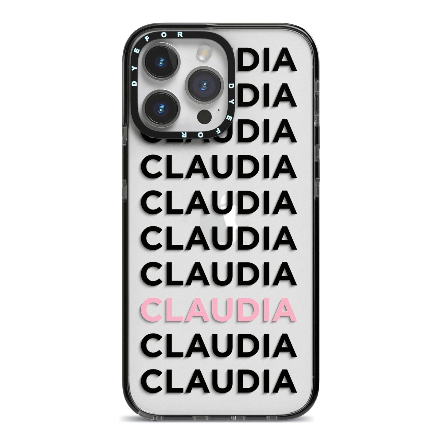 Custom Name Repeat iPhone 14 Pro Max Black Impact Case on Silver phone