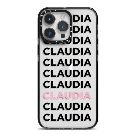 Custom Name Repeat iPhone 14 Pro Max Black Impact Case on Silver phone