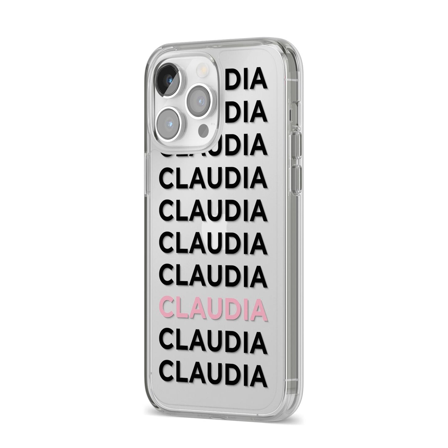 Custom Name Repeat iPhone 14 Pro Max Clear Tough Case Silver Angled Image