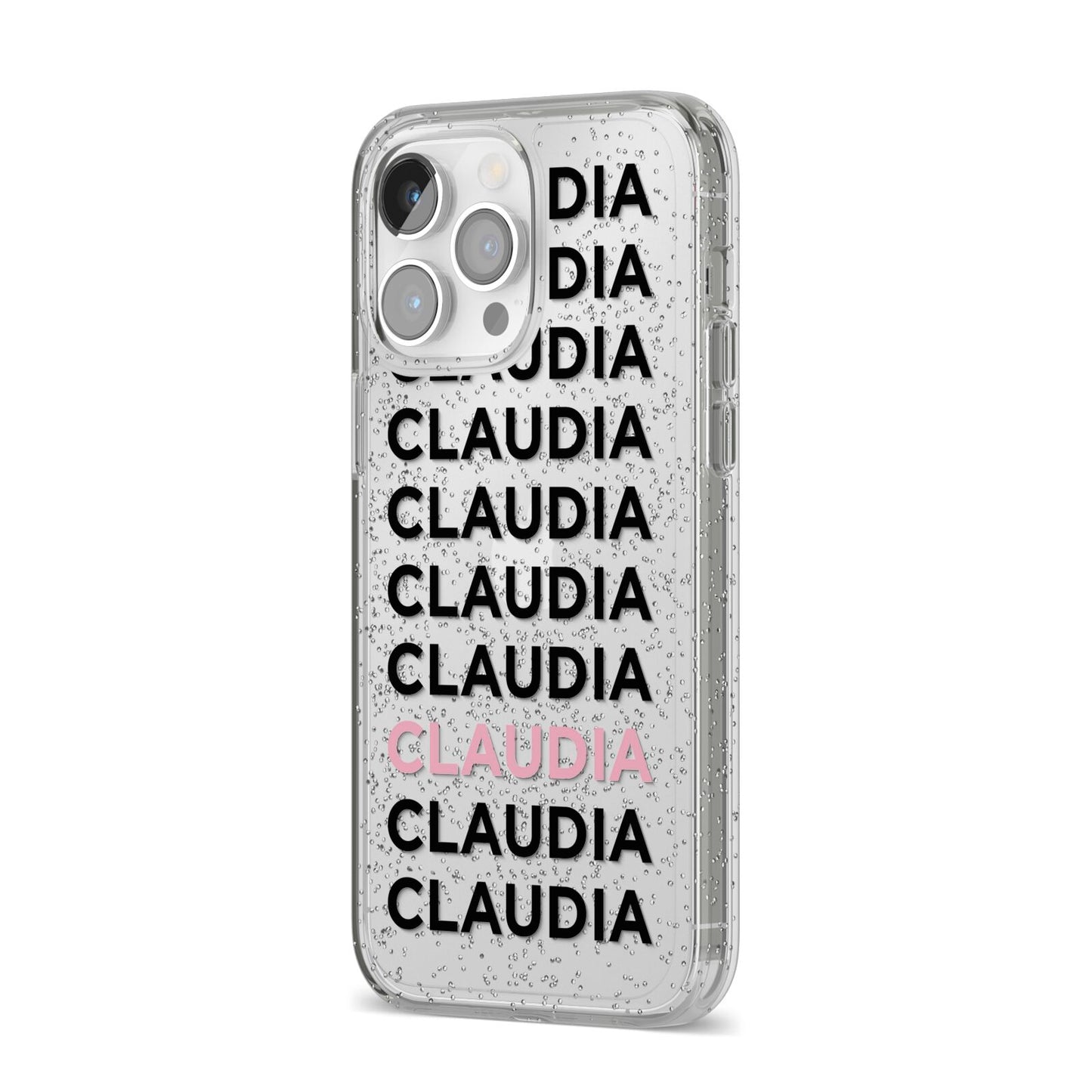 Custom Name Repeat iPhone 14 Pro Max Glitter Tough Case Silver Angled Image