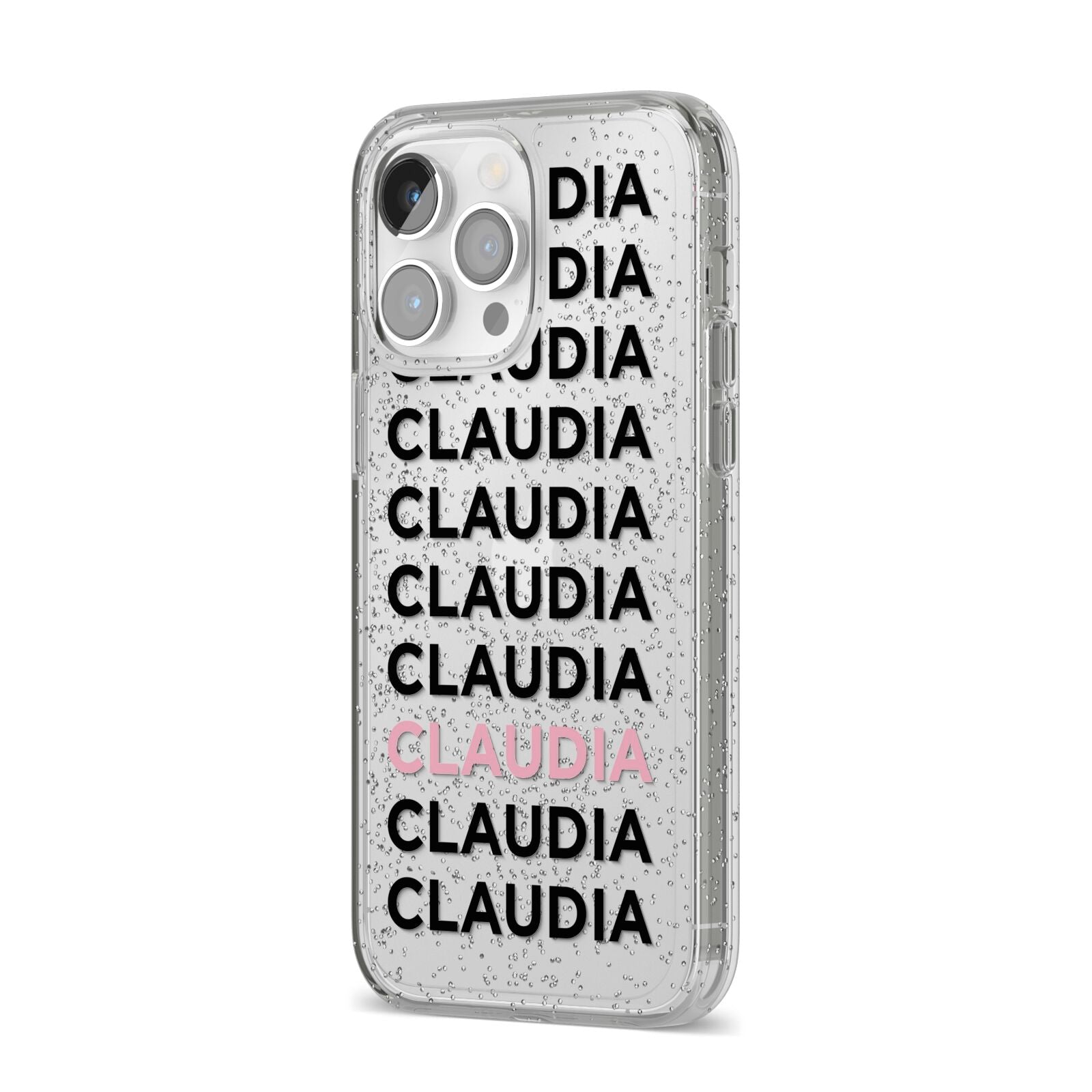 Custom Name Repeat iPhone 14 Pro Max Glitter Tough Case Silver Angled Image