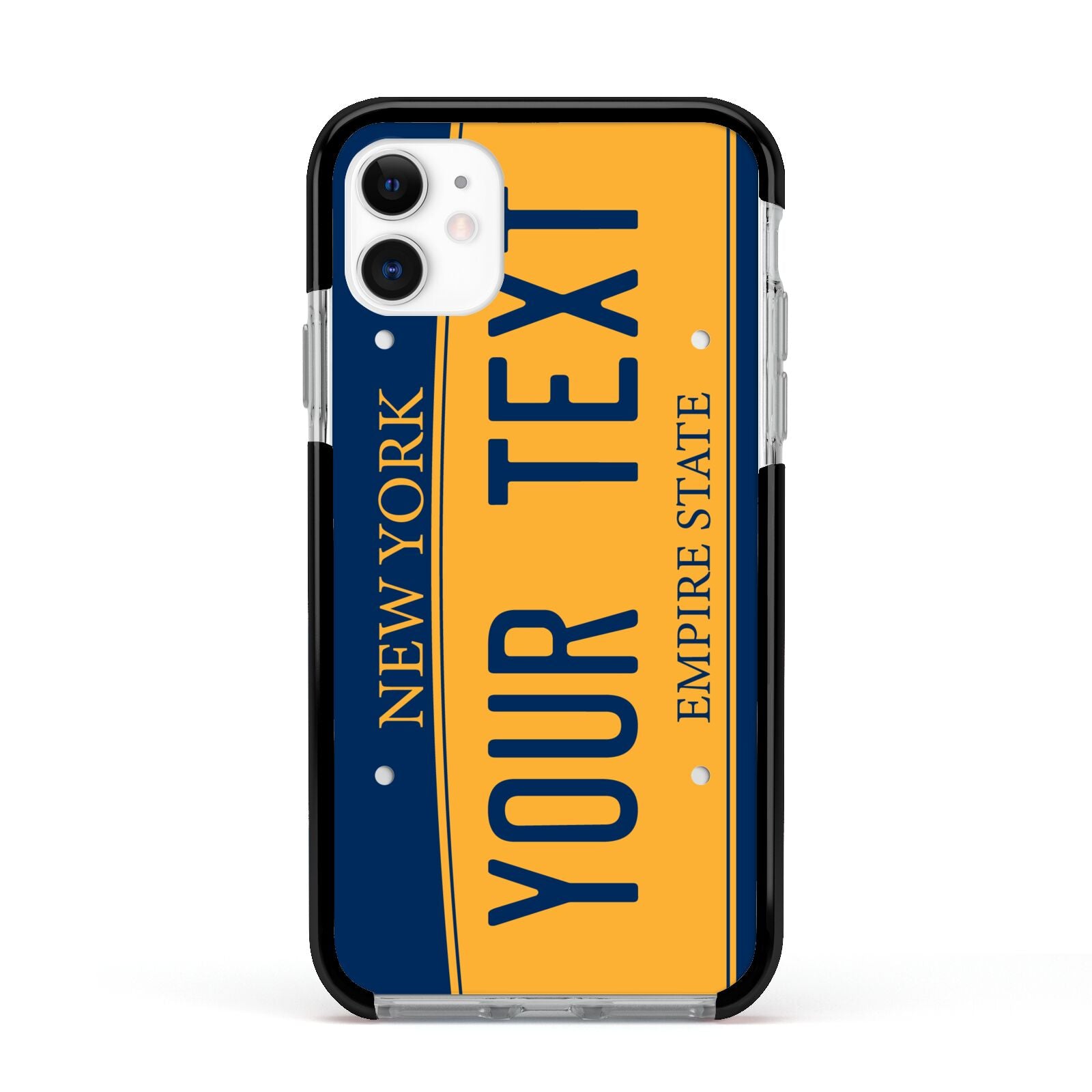 Custom New York License Plate Apple iPhone 11 in White with Black Impact Case