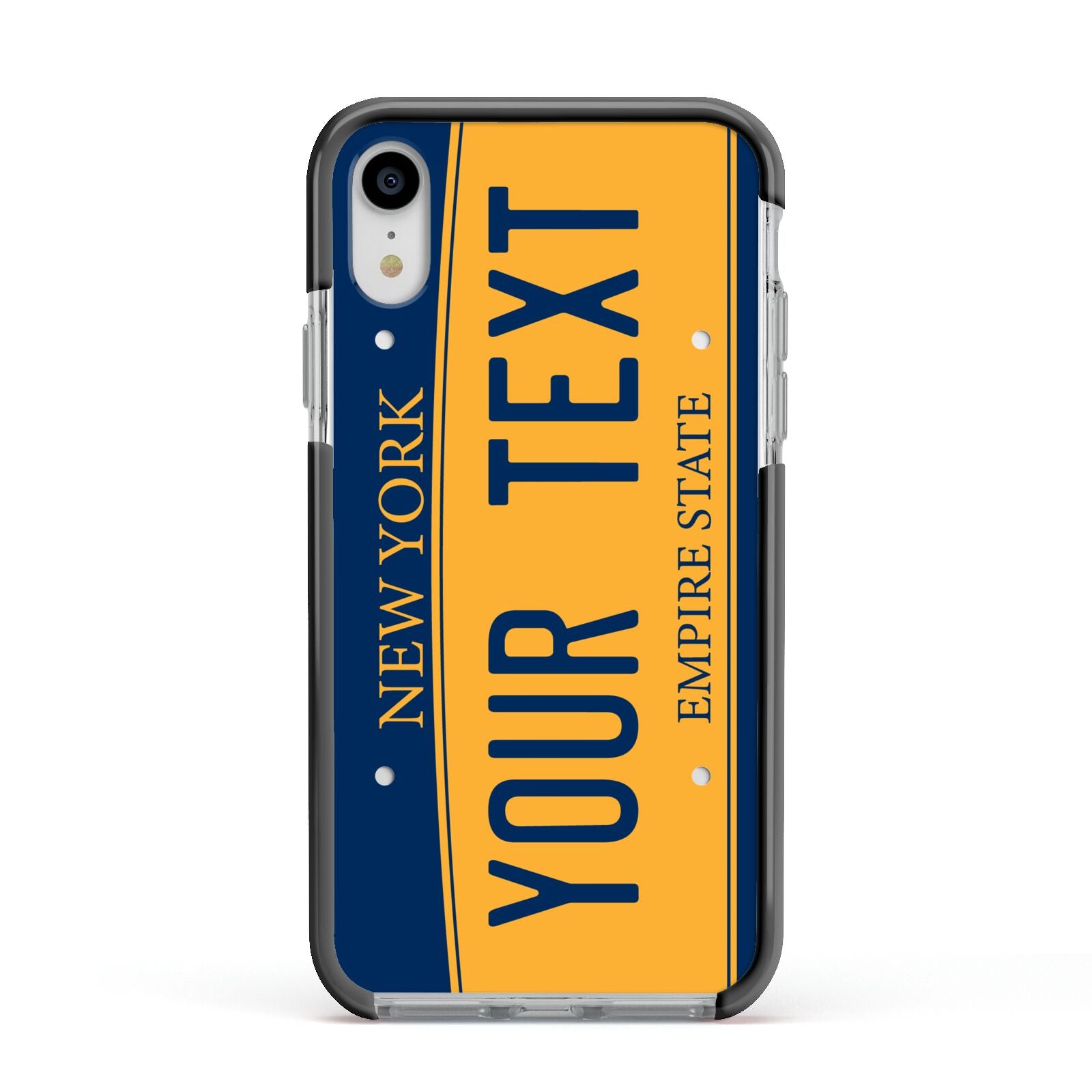 Custom New York License Plate Apple iPhone XR Impact Case Black Edge on Silver Phone