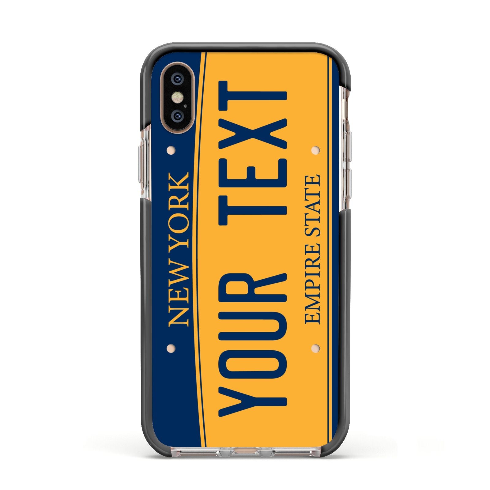 Custom New York License Plate Apple iPhone Xs Impact Case Black Edge on Gold Phone