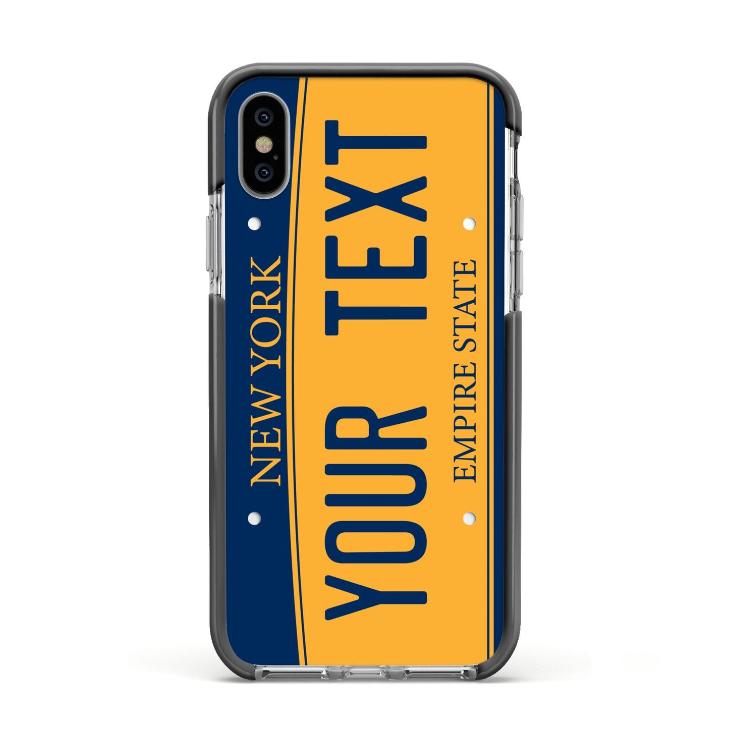 Custom New York License Plate Apple iPhone Xs Impact Case Black Edge on Silver Phone
