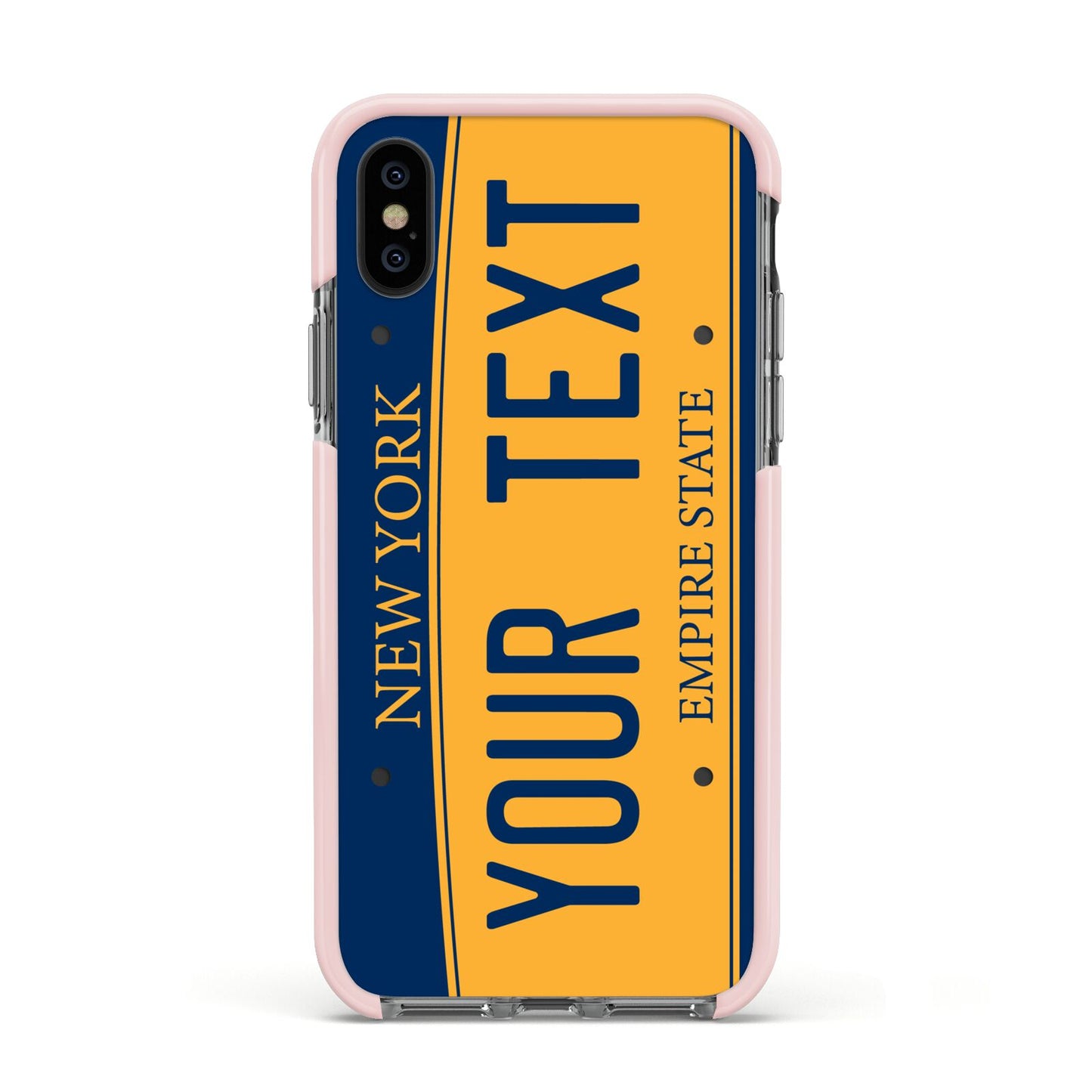 Custom New York License Plate Apple iPhone Xs Impact Case Pink Edge on Black Phone
