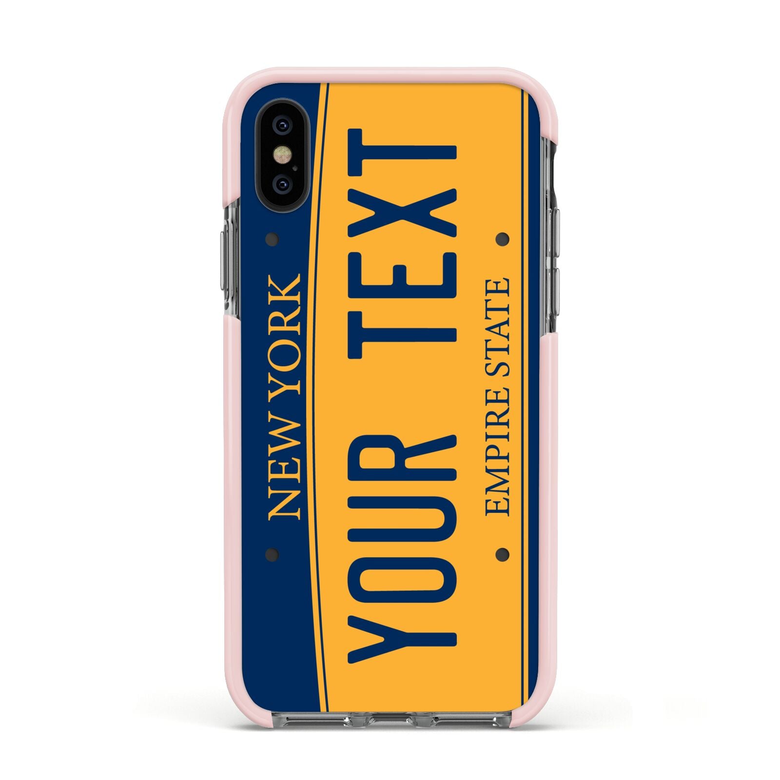 Custom New York License Plate Apple iPhone Xs Impact Case Pink Edge on Black Phone