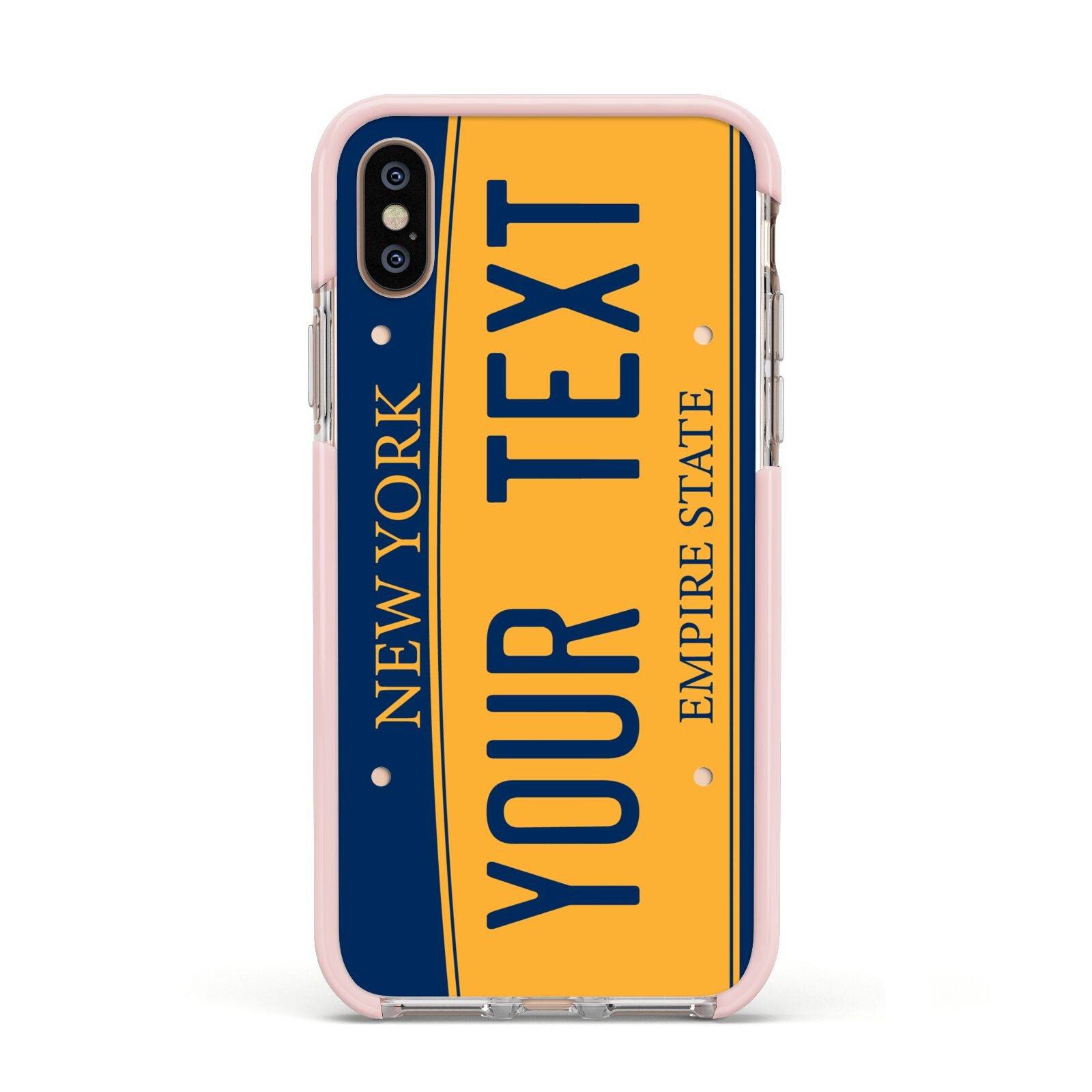 Custom New York License Plate Apple iPhone Xs Impact Case Pink Edge on Gold Phone