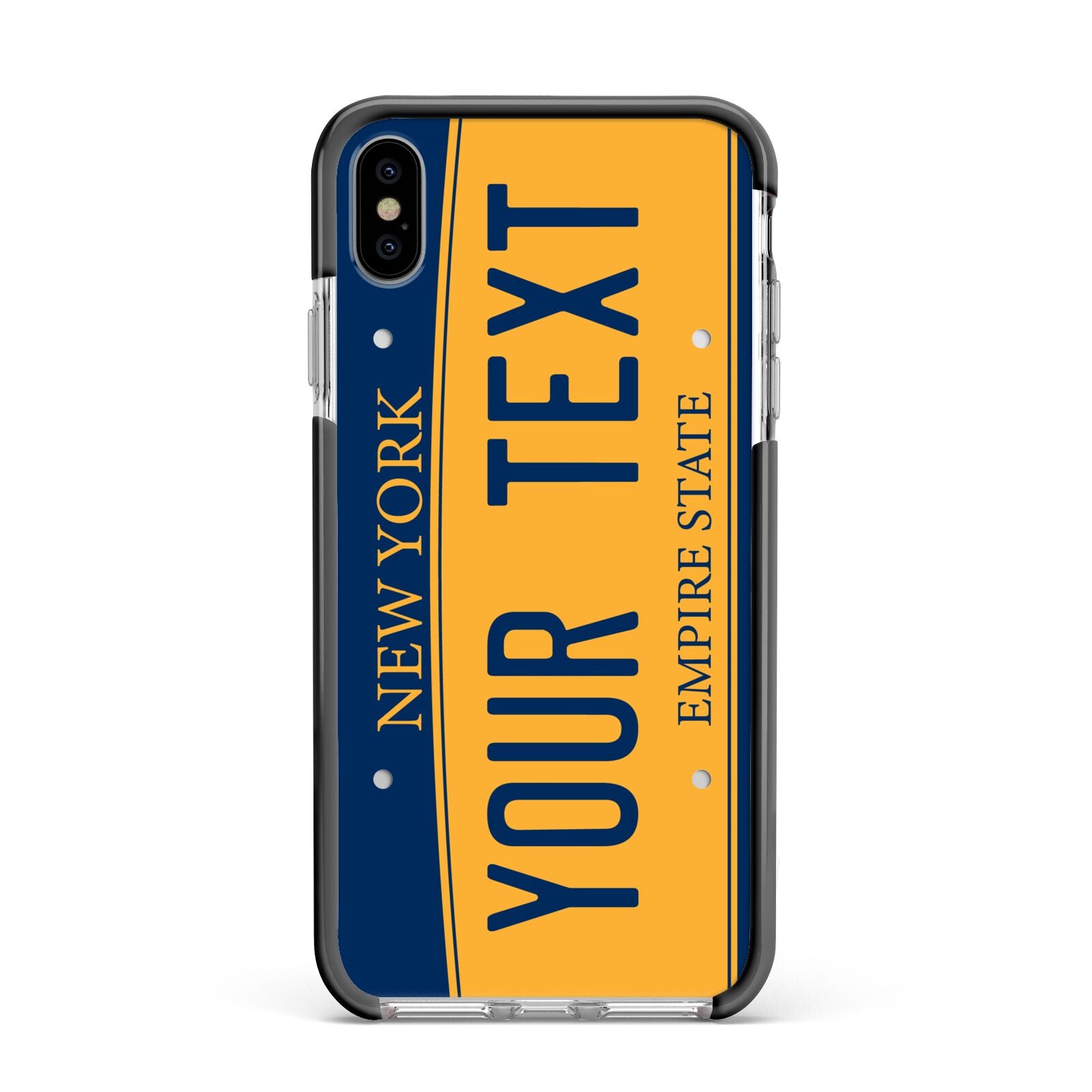 Custom New York License Plate Apple iPhone Xs Max Impact Case Black Edge on Silver Phone