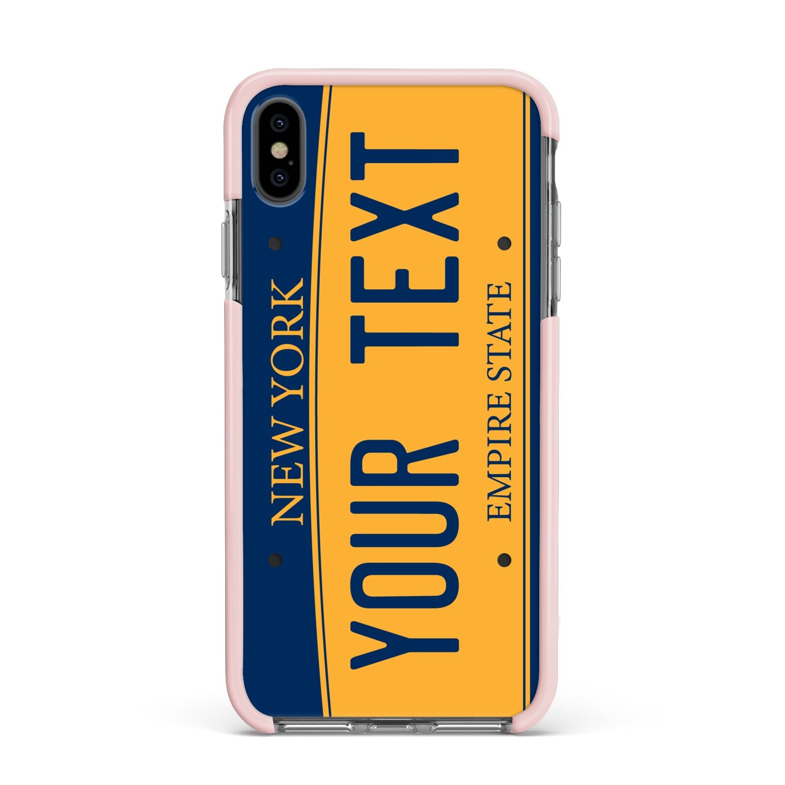 Custom New York License Plate Apple iPhone Xs Max Impact Case Pink Edge on Black Phone