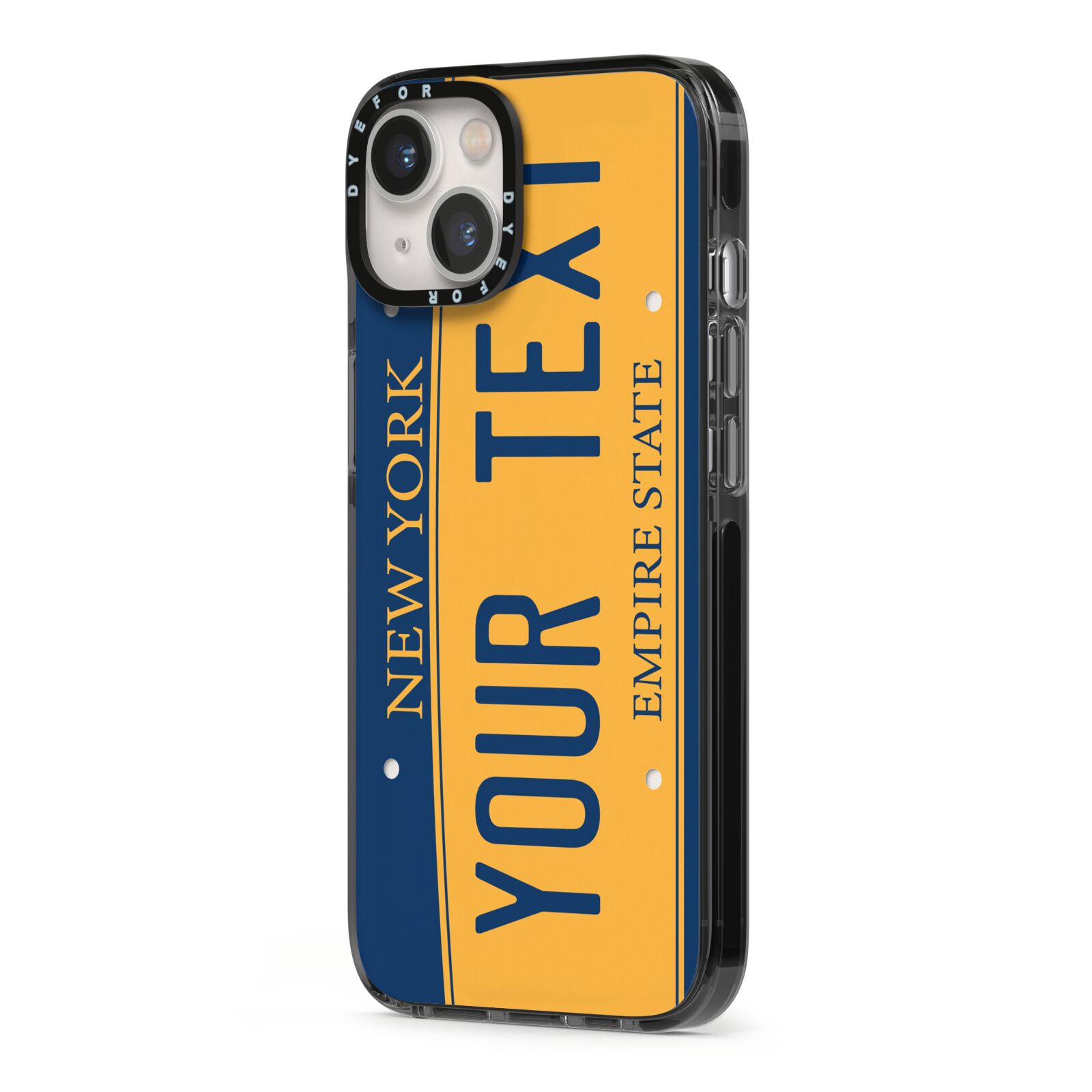 Custom New York License Plate iPhone 13 Black Impact Case Side Angle on Silver phone
