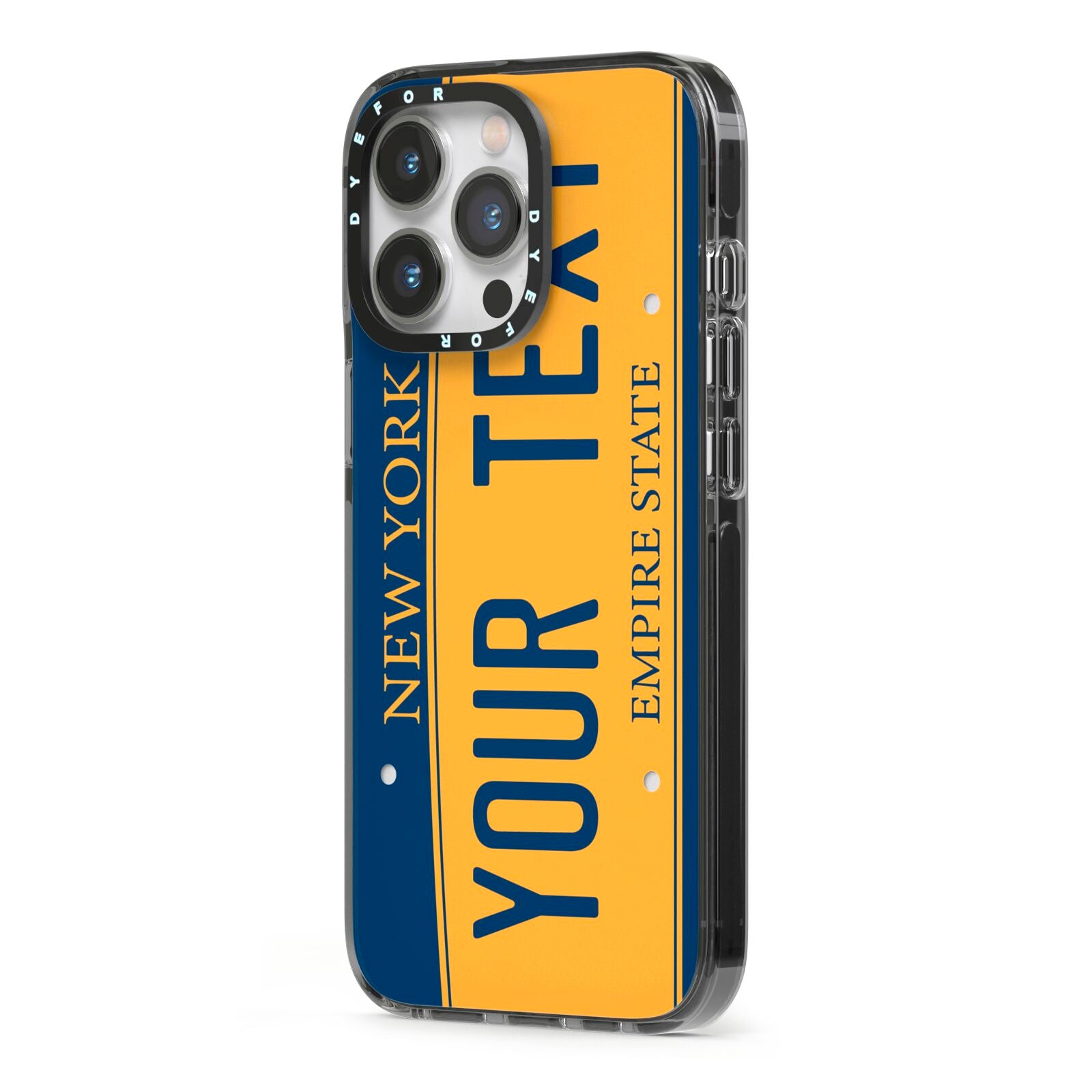 Custom New York License Plate iPhone 13 Pro Black Impact Case Side Angle on Silver phone