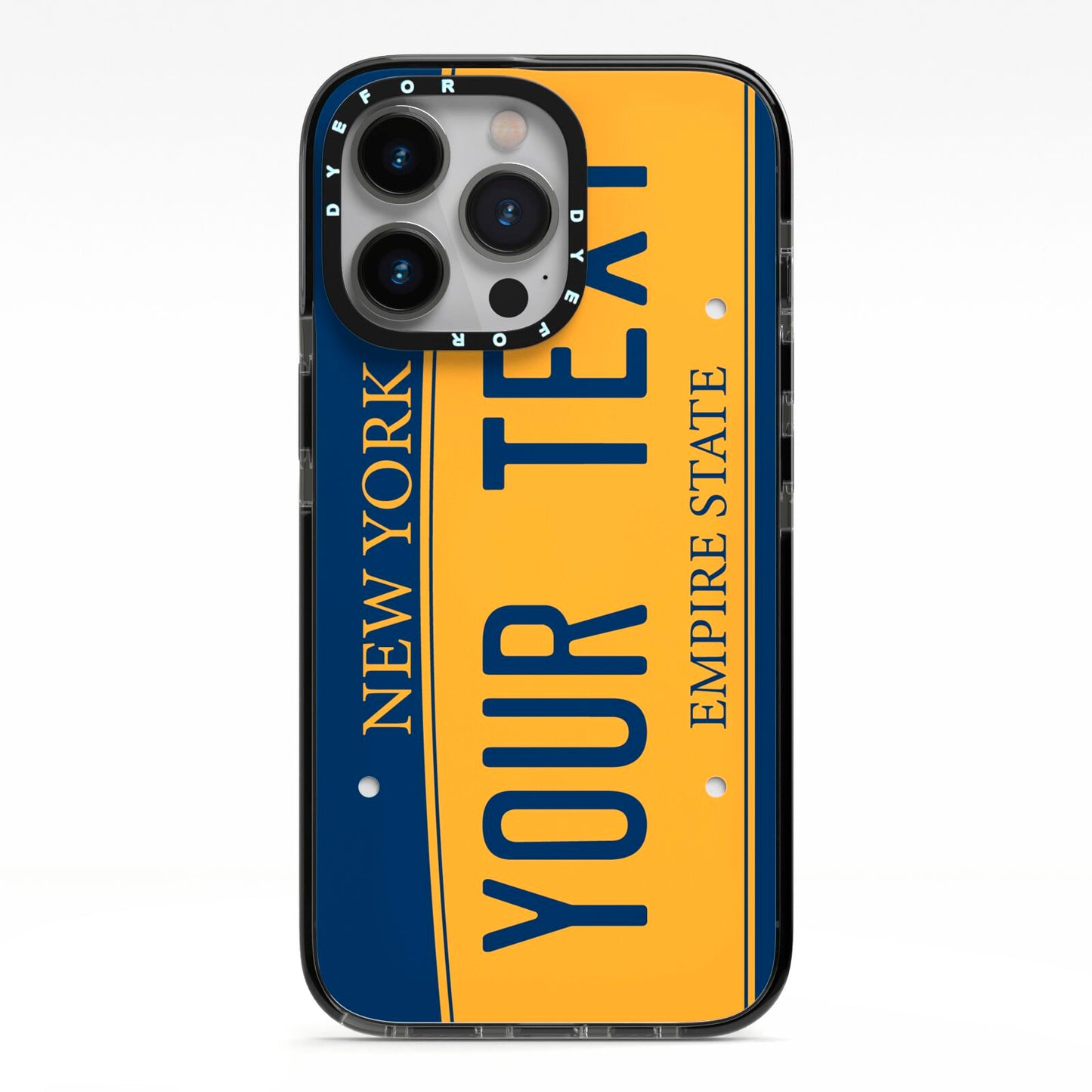 Custom New York License Plate iPhone 13 Pro Black Impact Case on Silver phone