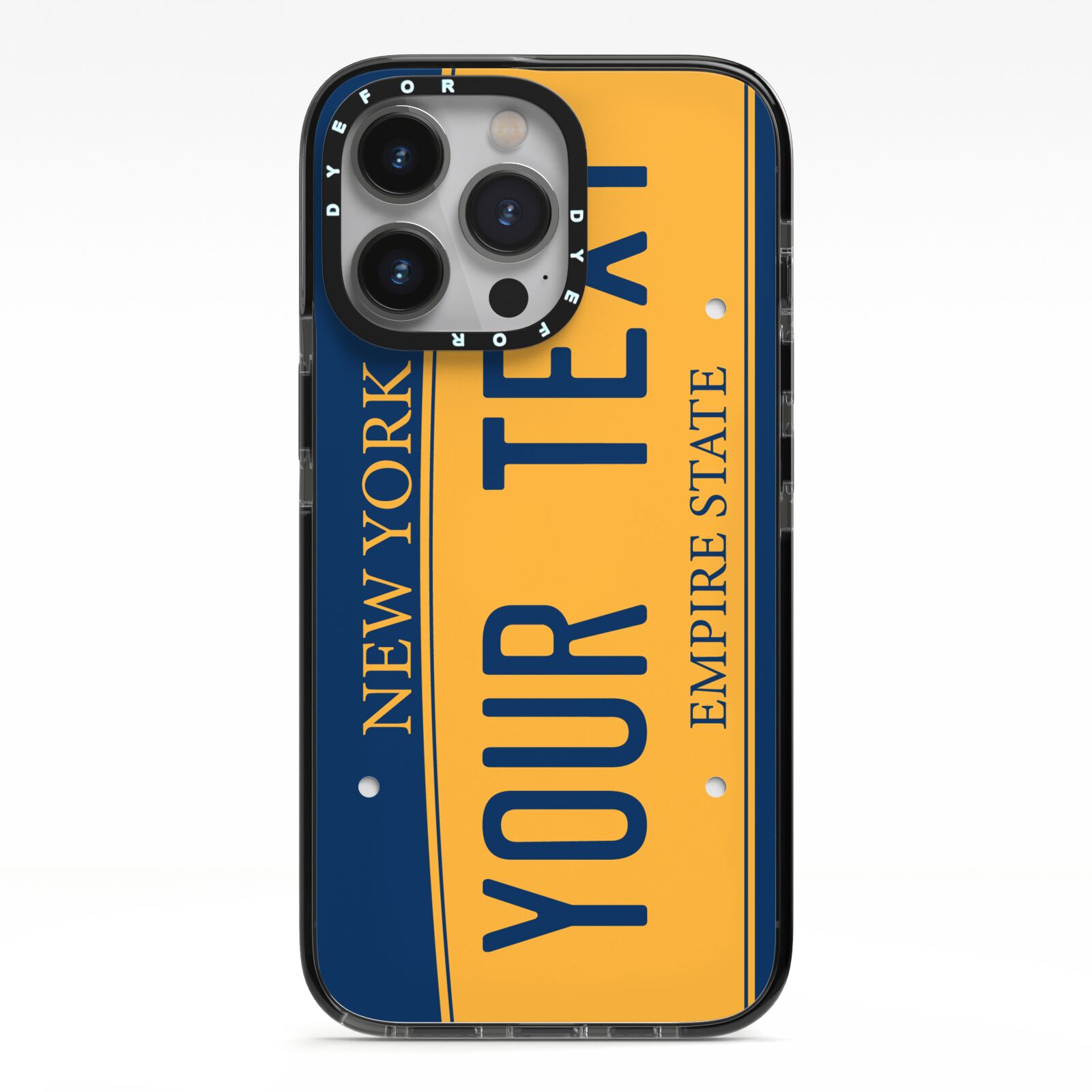 Custom New York License Plate iPhone 13 Pro Black Impact Case on Silver phone