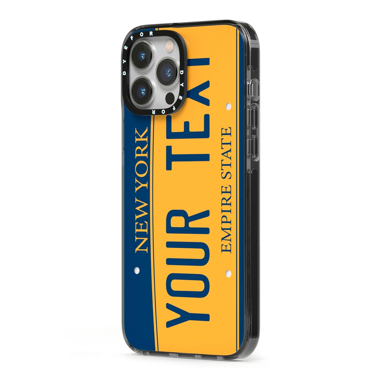 Custom New York License Plate iPhone 13 Pro Max Black Impact Case Side Angle on Silver phone