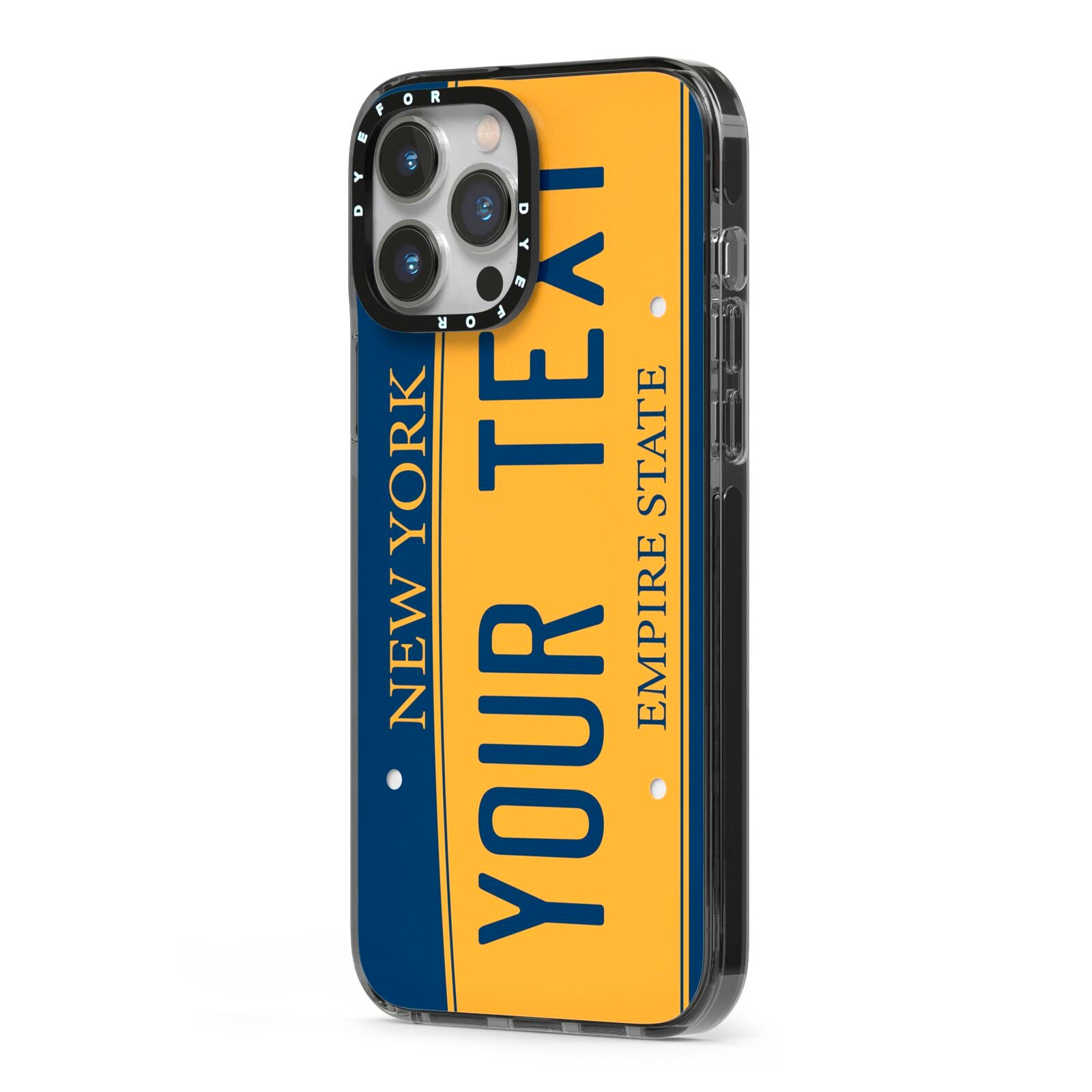 Custom New York License Plate iPhone 13 Pro Max Black Impact Case Side Angle on Silver phone