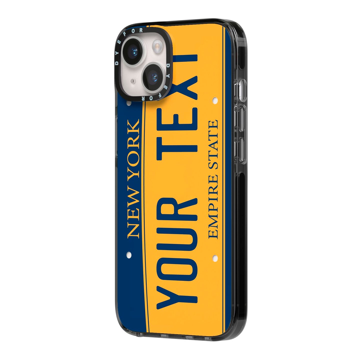 Custom New York License Plate iPhone 14 Black Impact Case Side Angle on Silver phone