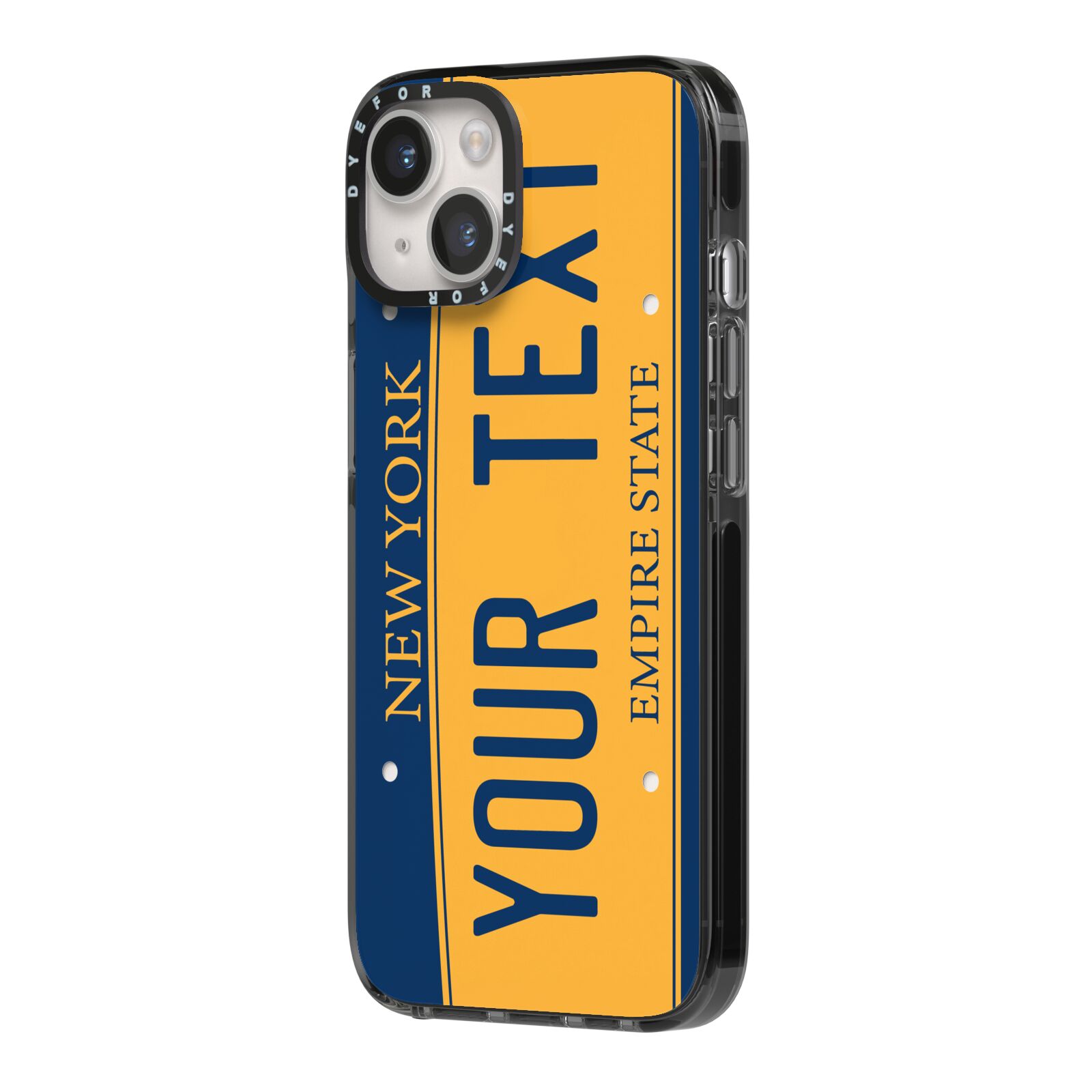 Custom New York License Plate iPhone 14 Black Impact Case Side Angle on Silver phone