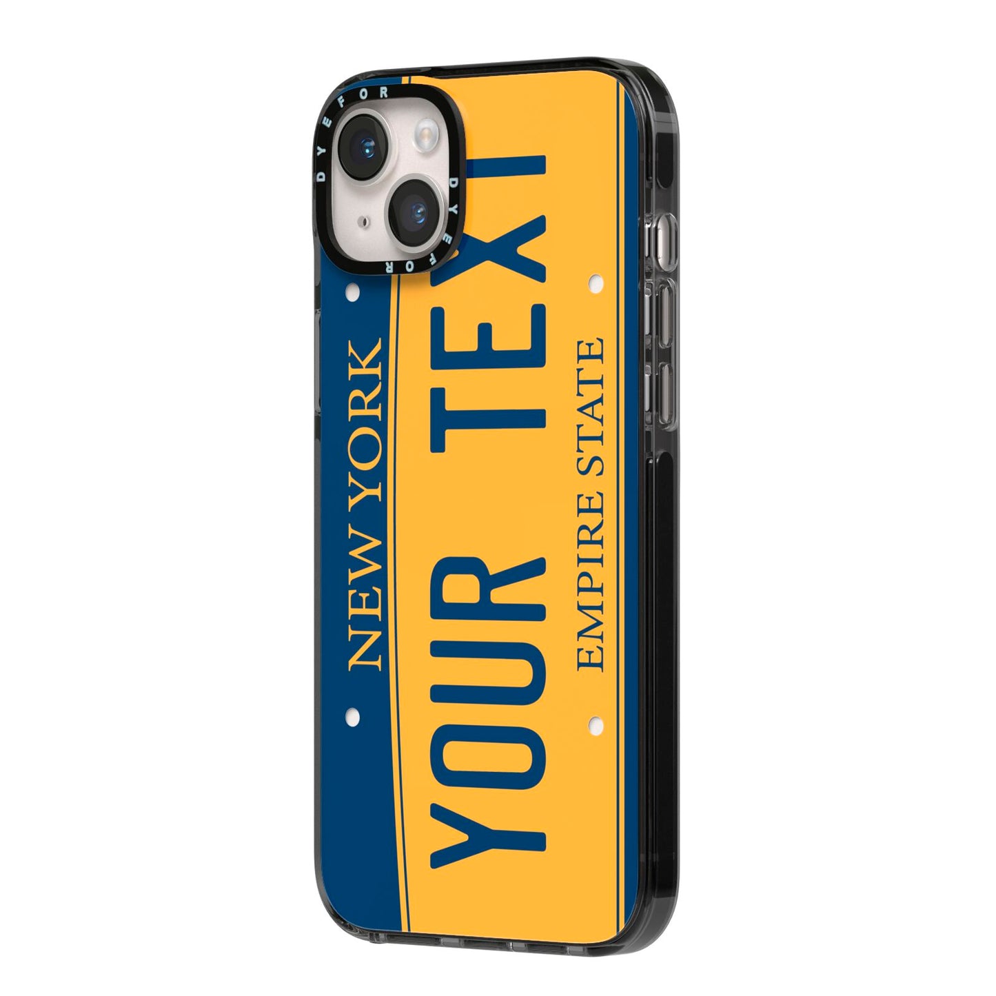 Custom New York License Plate iPhone 14 Plus Black Impact Case Side Angle on Silver phone