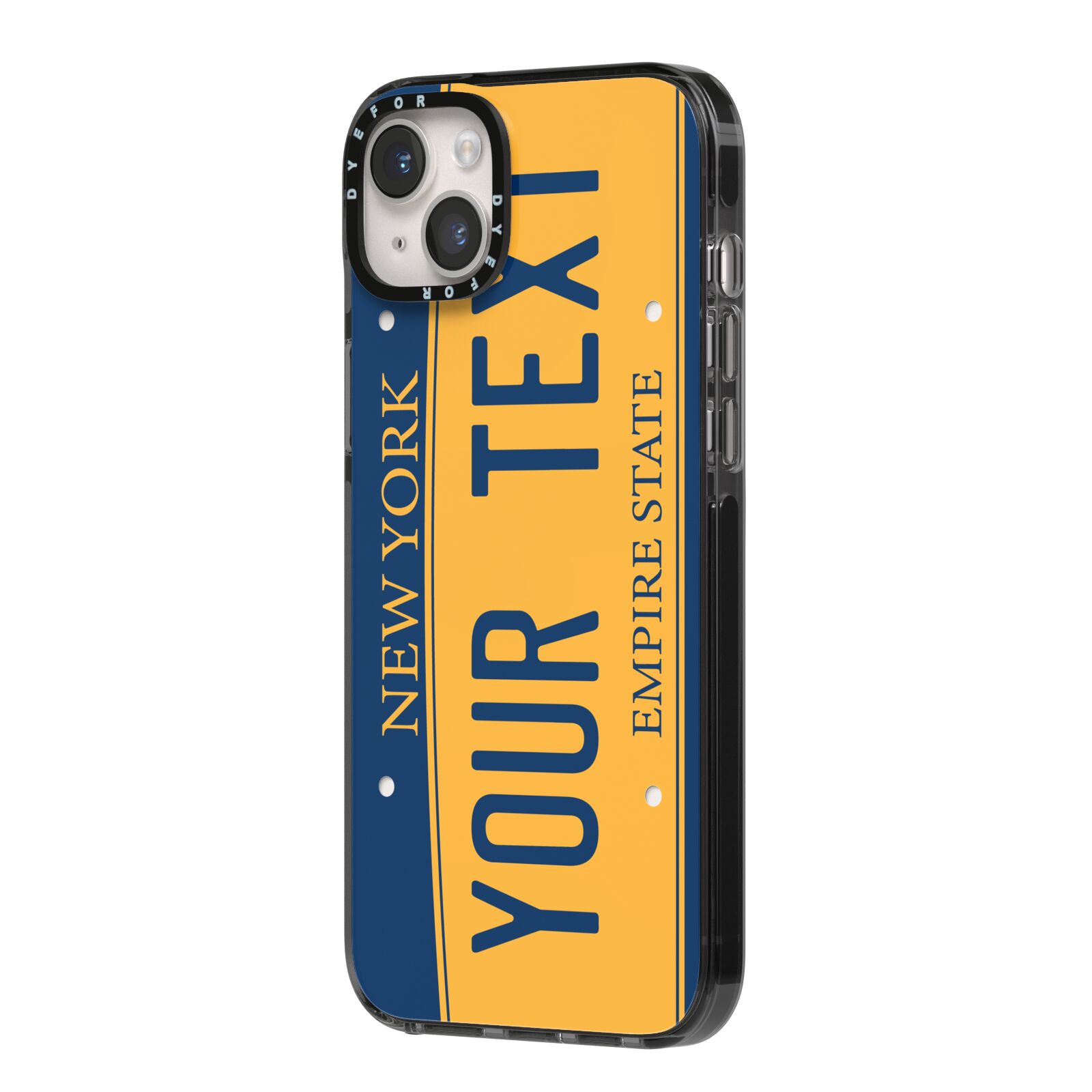 Custom New York License Plate iPhone 14 Plus Black Impact Case Side Angle on Silver phone