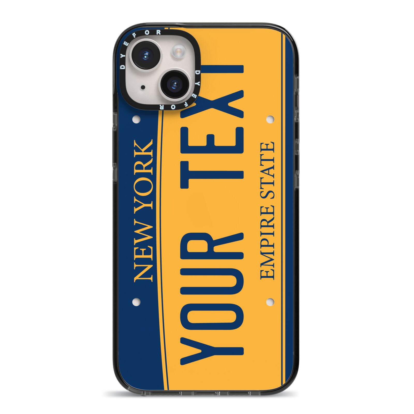 Custom New York License Plate iPhone 14 Plus Black Impact Case on Silver phone