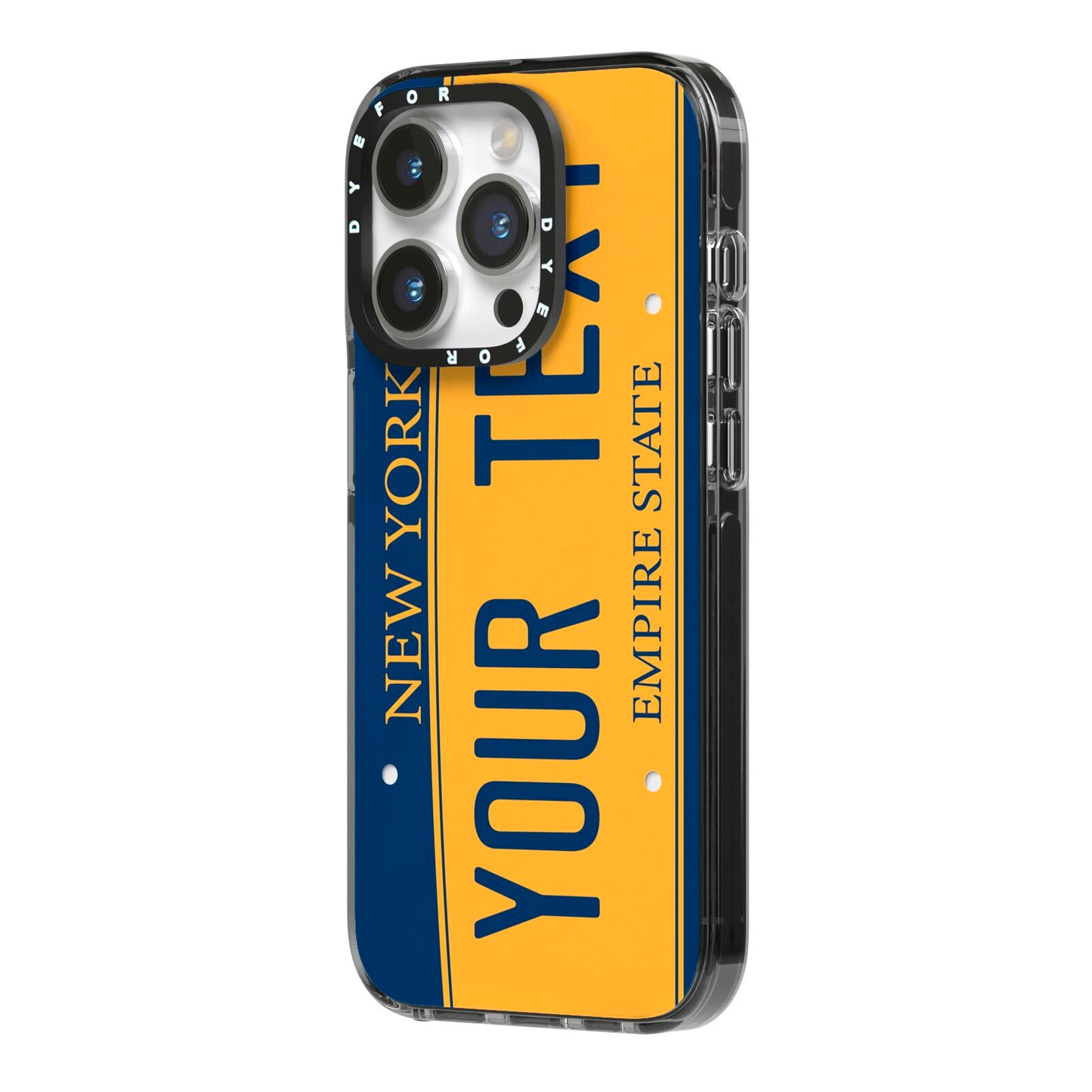Custom New York License Plate iPhone 14 Pro Black Impact Case Side Angle on Silver phone