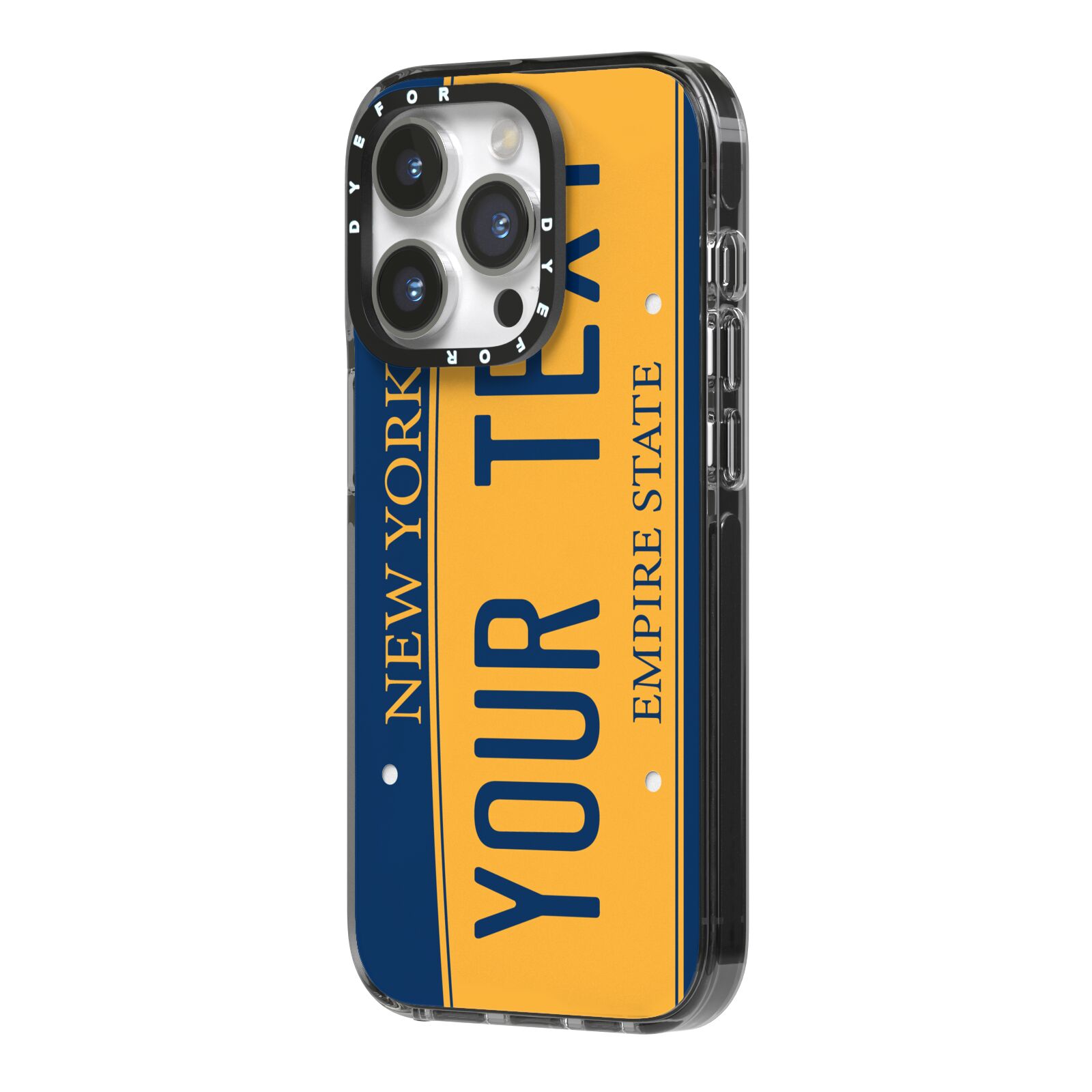 Custom New York License Plate iPhone 14 Pro Black Impact Case Side Angle on Silver phone